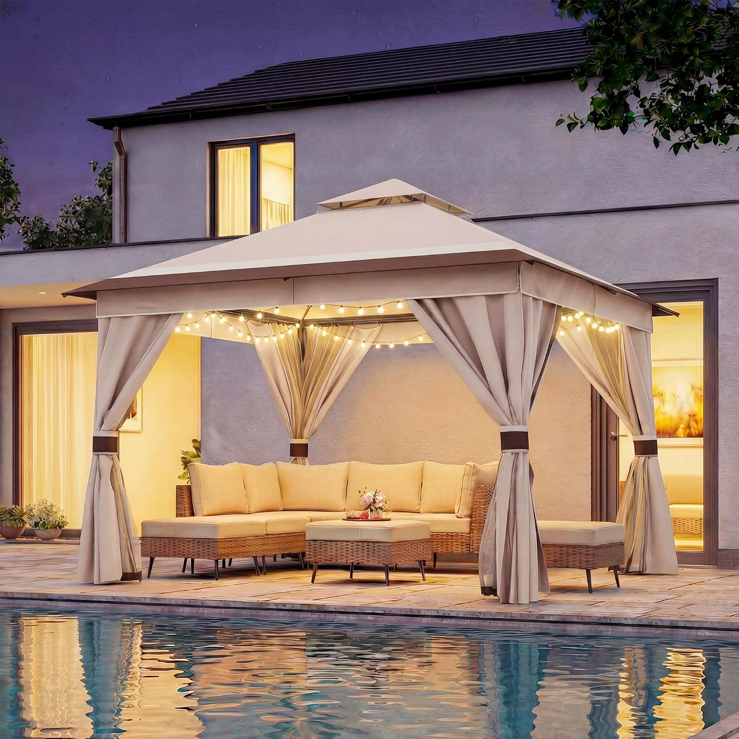 LAUSAINT HOME 10'x10' Outdoor Gazebo with 50FT String Lights, Metal Heavy Duty Patio Canopy Tent with Double Roofs, Mosquito Nettings and Privacy Screens for Backyard, Garden, Lawn, Classic Khaki