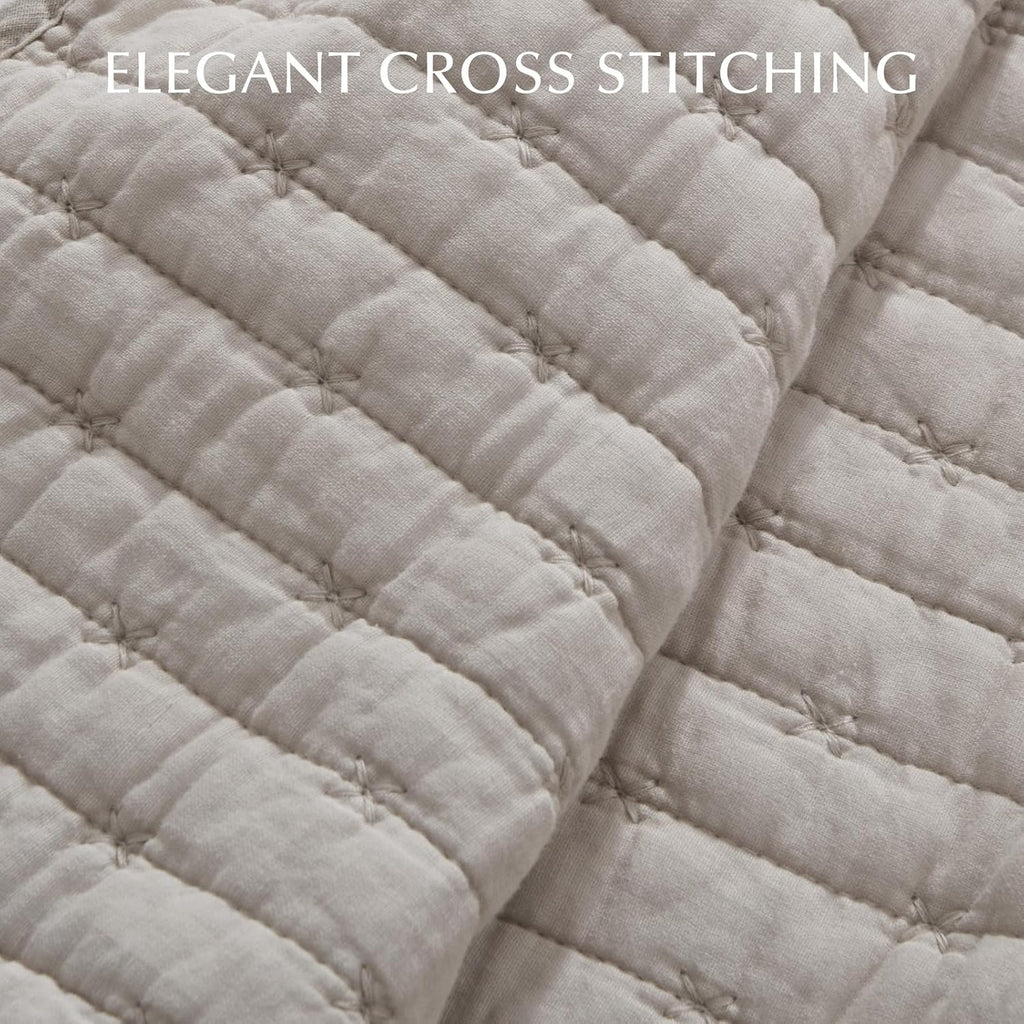 EVERGRACE Cross Stitch Pre-Washed Cotton Quilt Bedding Set Queen Size, Oversized 3 Pieces Lightweight Bedspread Coverlet for All Season, with 2 Matching Shams, Taupe, 92'x96'