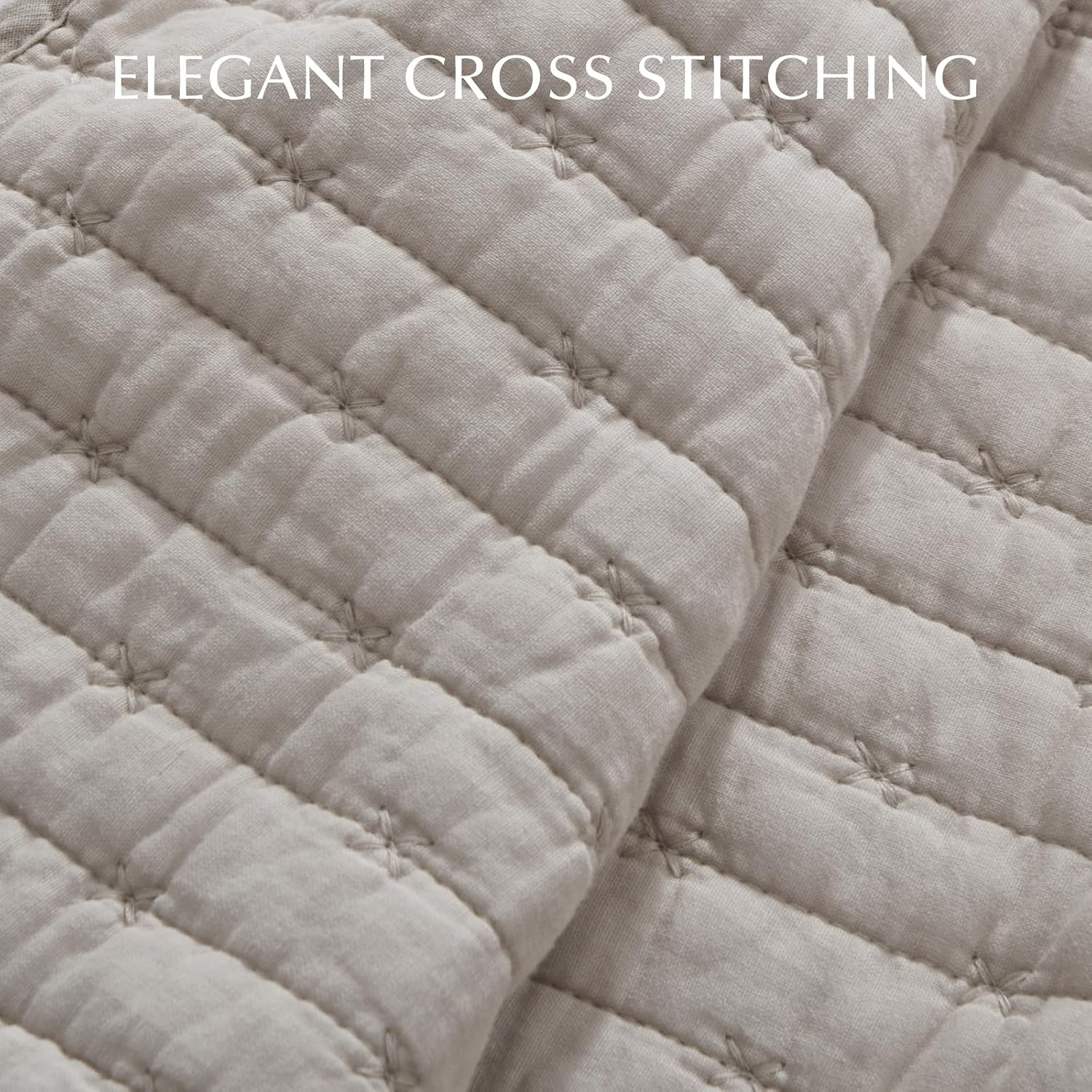 EVERGRACE Cross Stitch Pre-Washed Cotton Quilt Bedding Set Queen Size, Oversized 3 Pieces Lightweight Bedspread Coverlet for All Season, with 2 Matching Shams, Taupe, 92'x96'