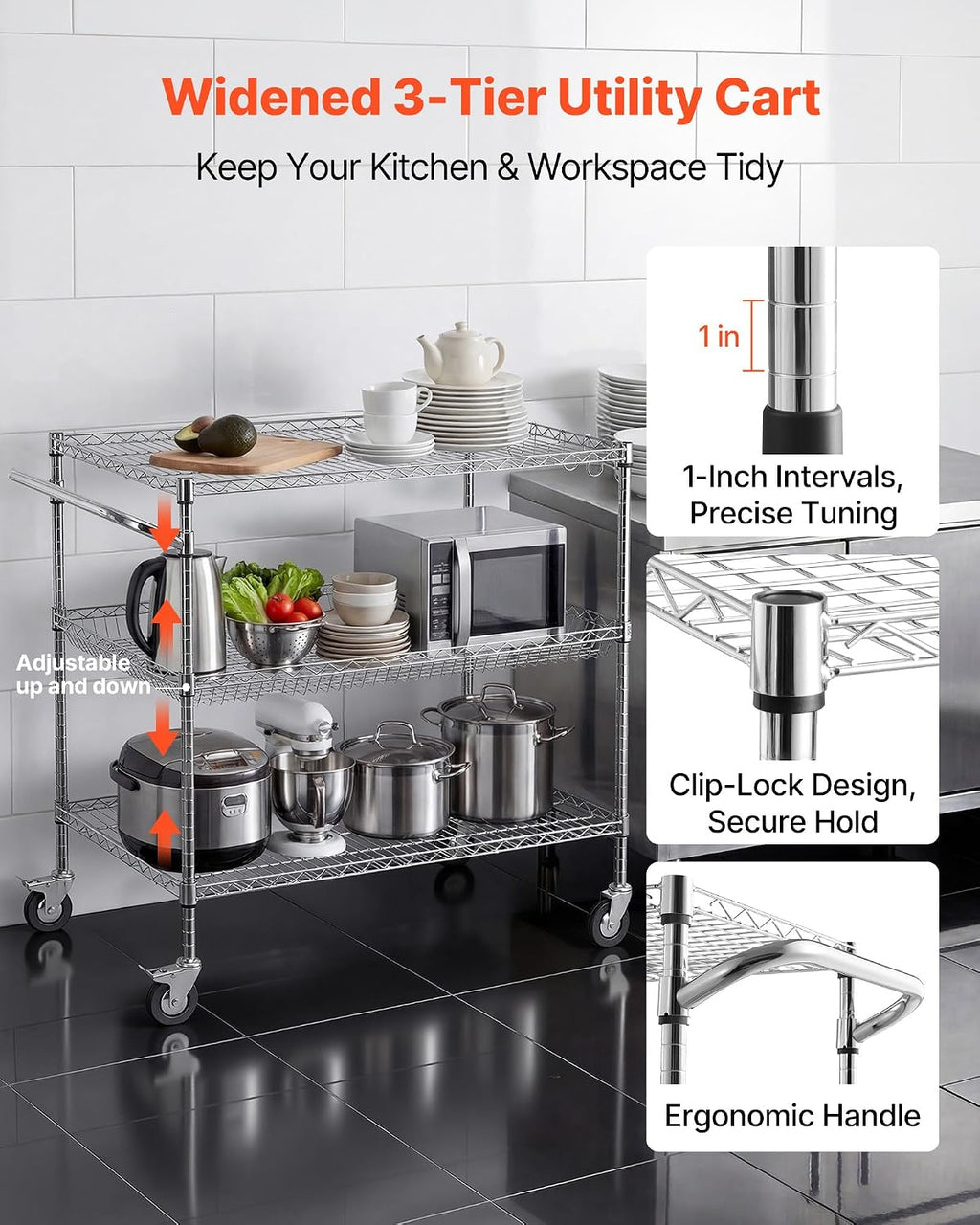 VEVOR Kitchen Utility Cart, 3 Tier Heavy Duty Adjustable Wire Storage Rack, Commercial Steel Rolling Service Trolley on Wheels, Work Table with Handle Bar, for Garage and Laundry Room, 40x25x40.9 in
