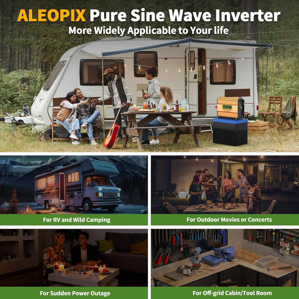 1500 Watt Inverter 12V DC to 110V/120V AC, Pure Sine Wave Inverter for Truck/RV/Home/Solar/Off-Grid, Surge 3000W Pure Sine Power with 2 AC Sockets, 5V 3.4A USB, Digital Display, Remote Controller