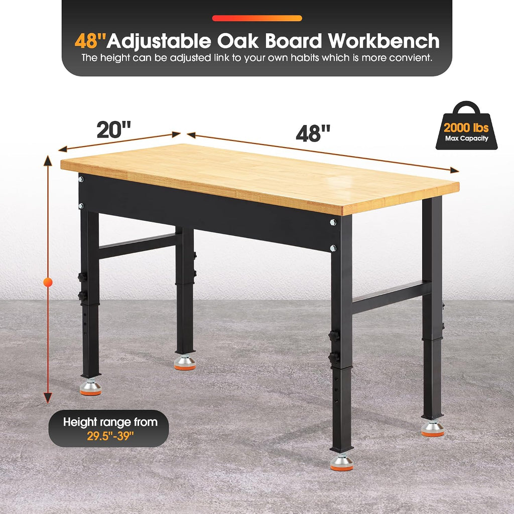 48 * 20' Adjustable Workbench, 2000 LBS Load Capacity Heavy Duty Workstation Without Power Outlets, Rubber Wood Top Worktable for Garage, Office,Workshop, Commercial