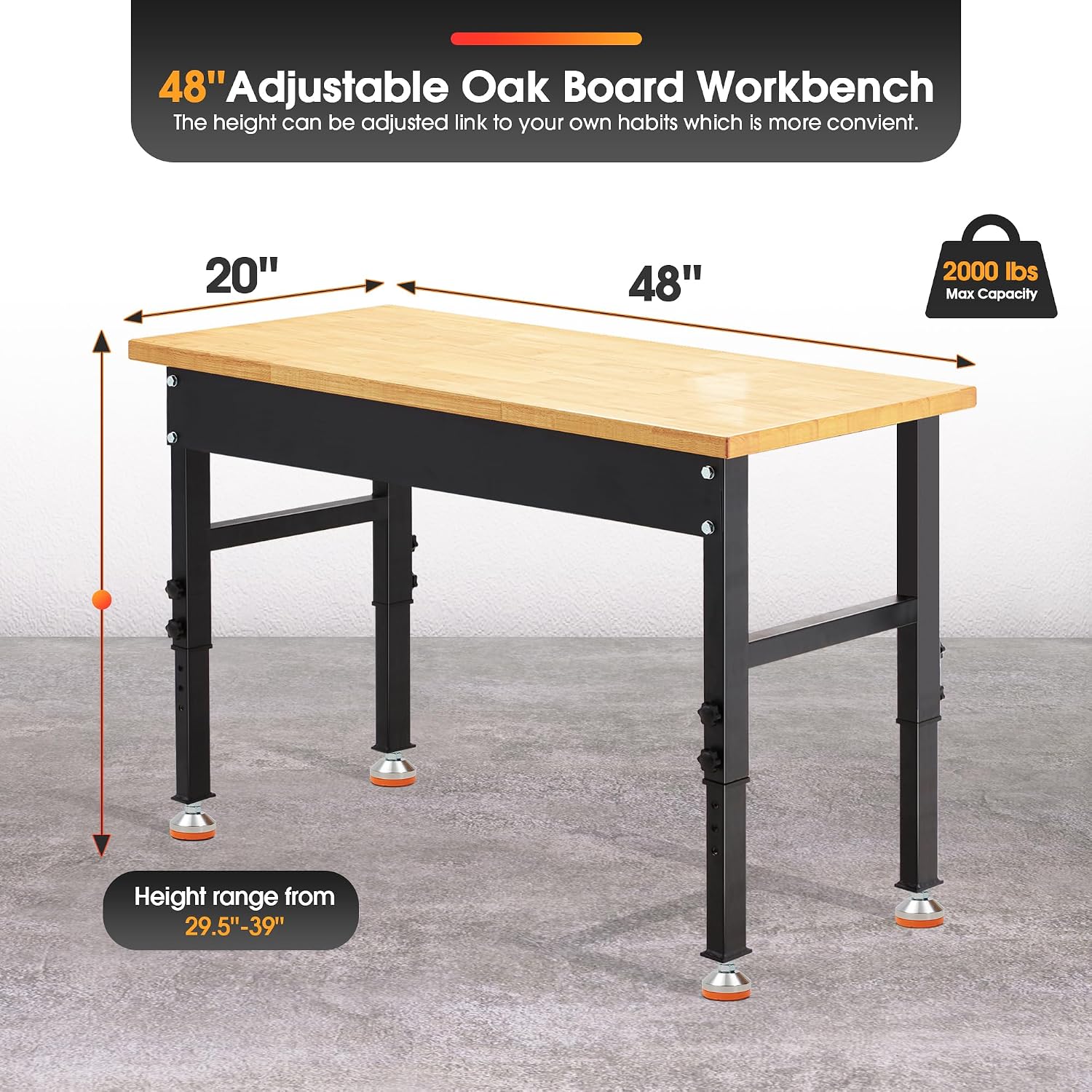 48 * 20' Adjustable Workbench, 2000 LBS Load Capacity Heavy Duty Workstation Without Power Outlets, Rubber Wood Top Worktable for Garage, Office,Workshop, Commercial