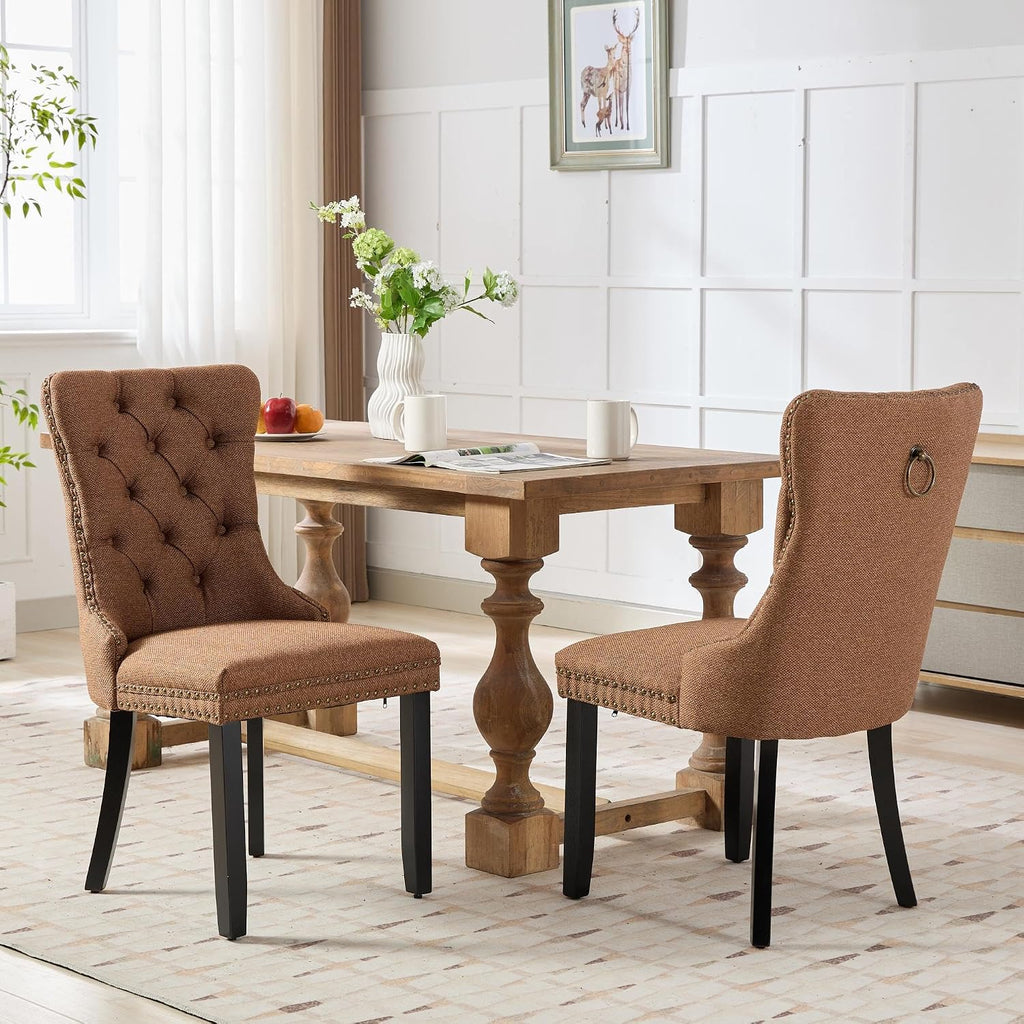Ball & Cast Contemporary Upholstered Dining Chairs Set of 2, Flax Button Tufted Kitchen Side-Chairs with Hang Ring & Nailhead Trims & Wood Legs, 2-Piece Backrest Traditional Chair, Black+Coffee