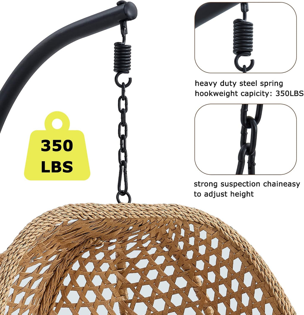 Hanging Egg Chair with Stand & Cushions, Outdoor and Indoor Hammock Rattan Swing Chair 350 lbs Capacity with Aluminum Steel Frame for Patio, Balcony, Backyard and Living Spaces (Light Brown)