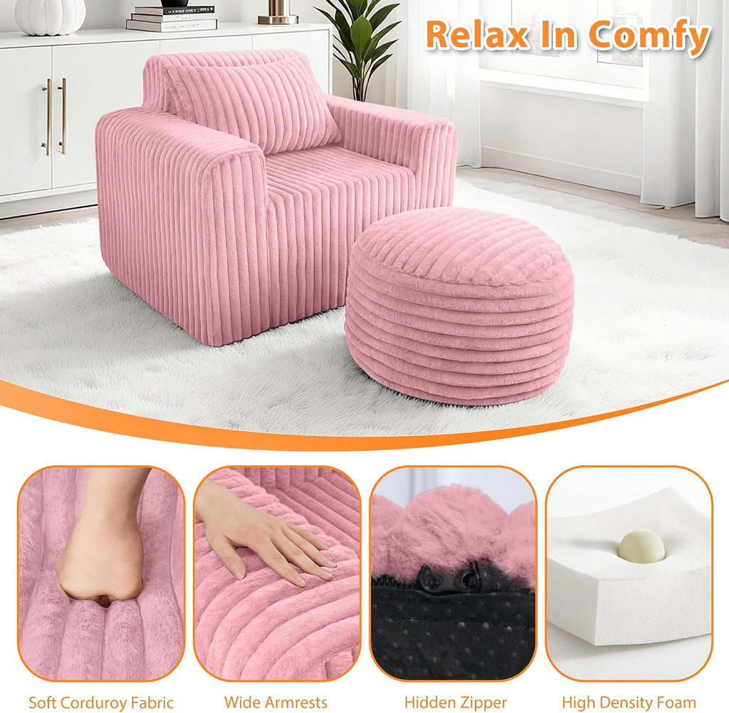 HABUTWAY Bean Bag Chair for Adults with Pillow, Giant Bean Bag Chairs with Ottoman, Comfy Dorm Chair with High Backrest & Wider Armrest, Lounger Chair Indoor for Bedroom Living Room(Pink)