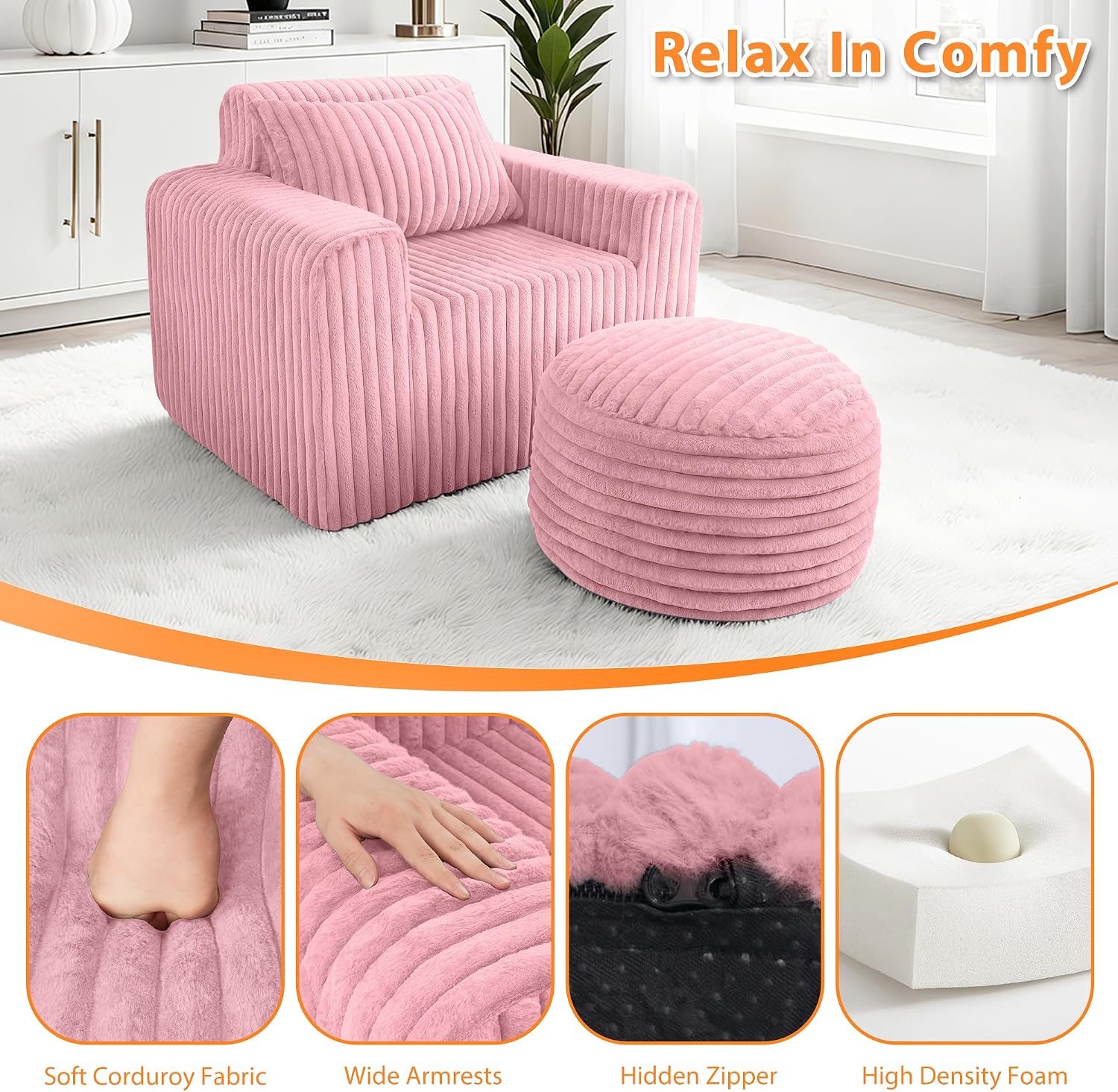 HABUTWAY Bean Bag Chair for Adults with Pillow, Giant Bean Bag Chairs with Ottoman, Comfy Dorm Chair with High Backrest & Wider Armrest, Lounger Chair Indoor for Bedroom Living Room(Pink)