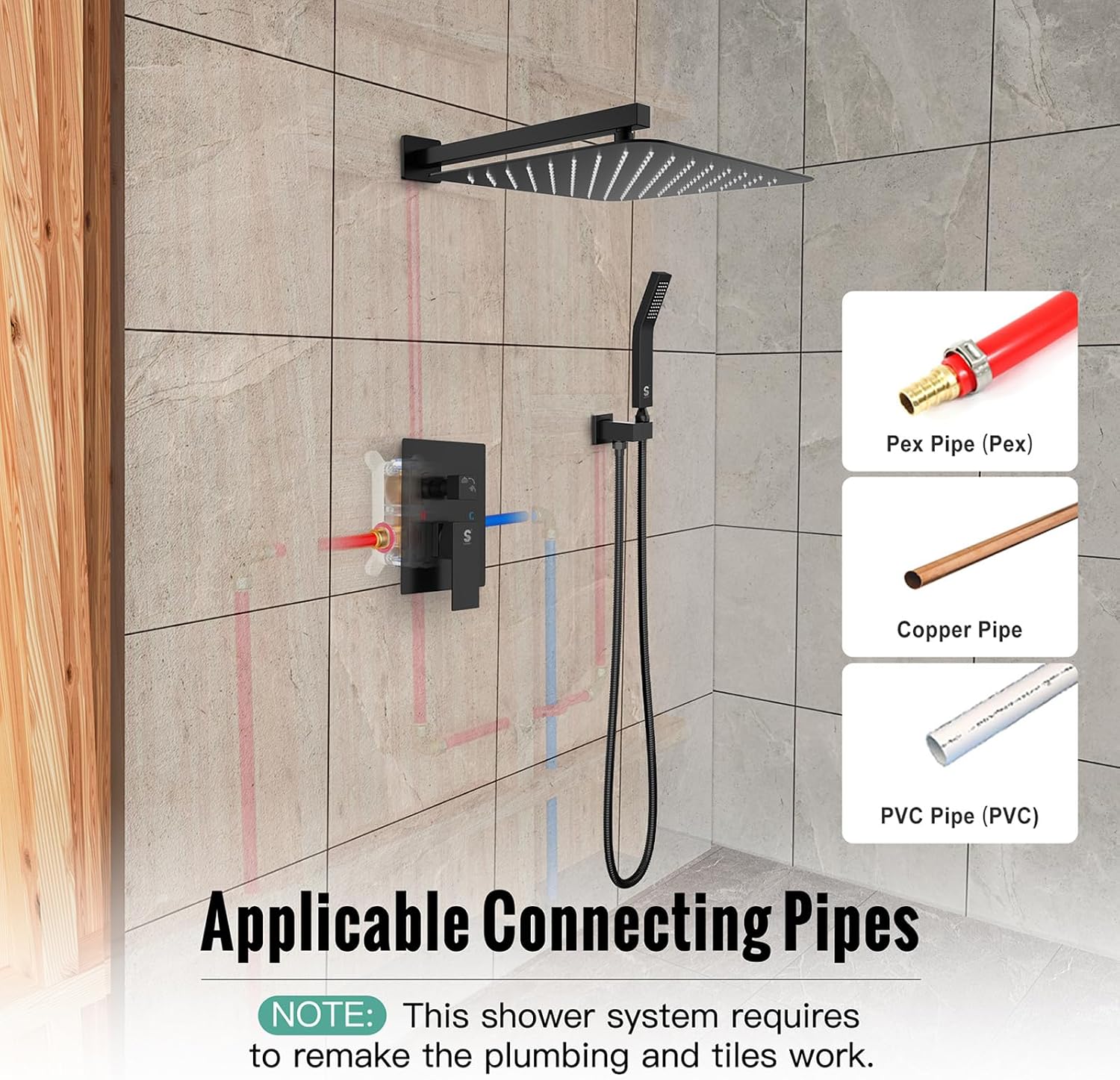 SR SUN RISE Matte Black Square Rainfall Shower Head and Handle Set, Wall Mounted Shower Fixtures, Metal Shower Faucet Trim Repair Kits (With Shower Valve) 16 Inches