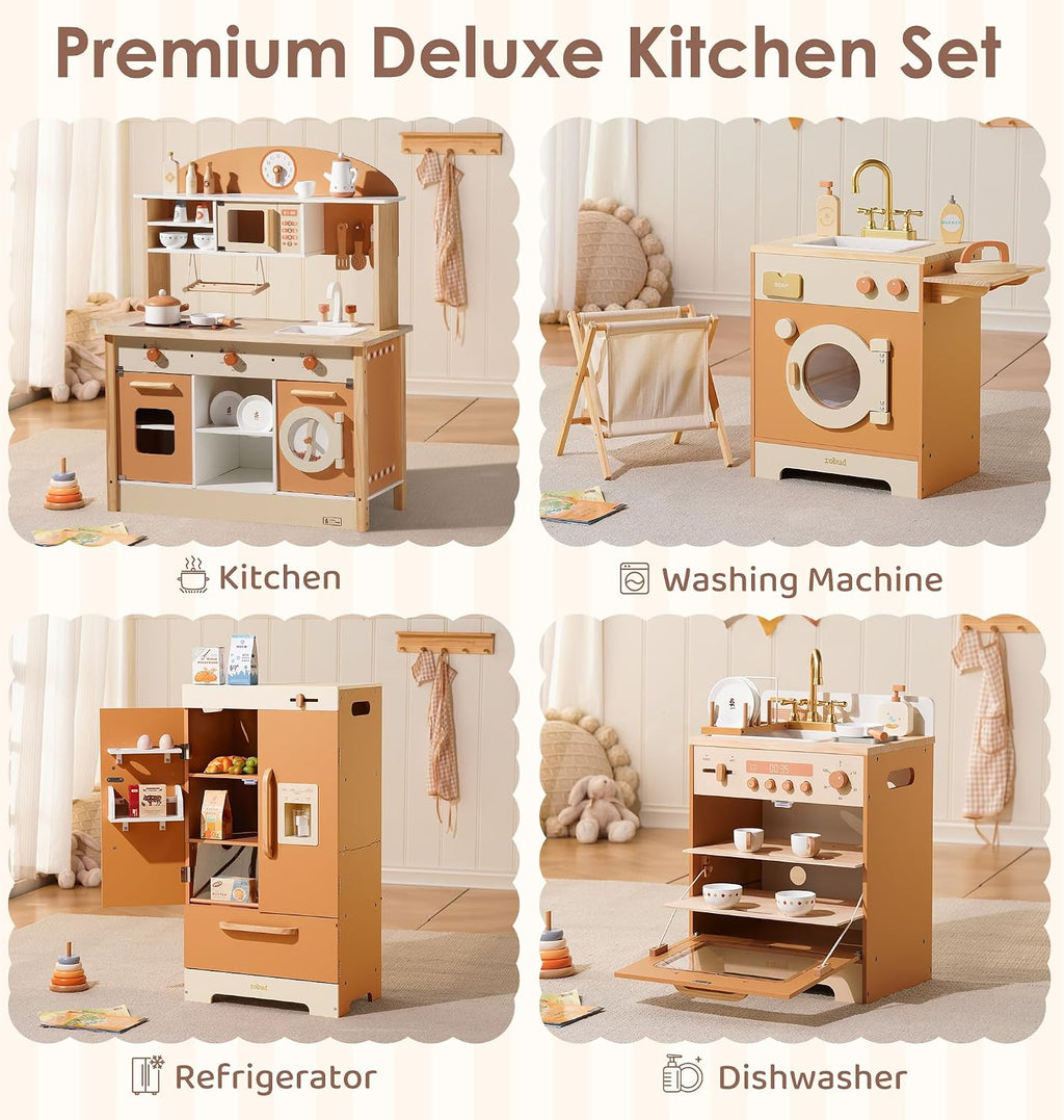ROBOTIME Caramel Wooden Kids Play Kitchen – 4-in-1 Toddler Role Play Kitchen Set with Fridge, Washing Machine & Iron, Dishwasher – Pretend Cooking Playset for Boys & Girls Ages 3+