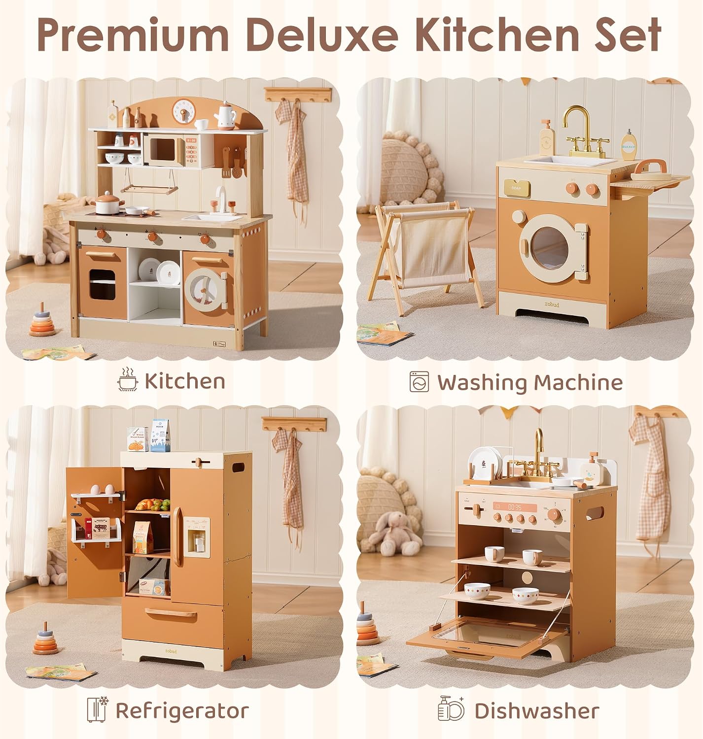ROBOTIME Caramel Wooden Kids Play Kitchen – 4-in-1 Toddler Role Play Kitchen Set with Fridge, Washing Machine & Iron, Dishwasher – Pretend Cooking Playset for Boys & Girls Ages 3+