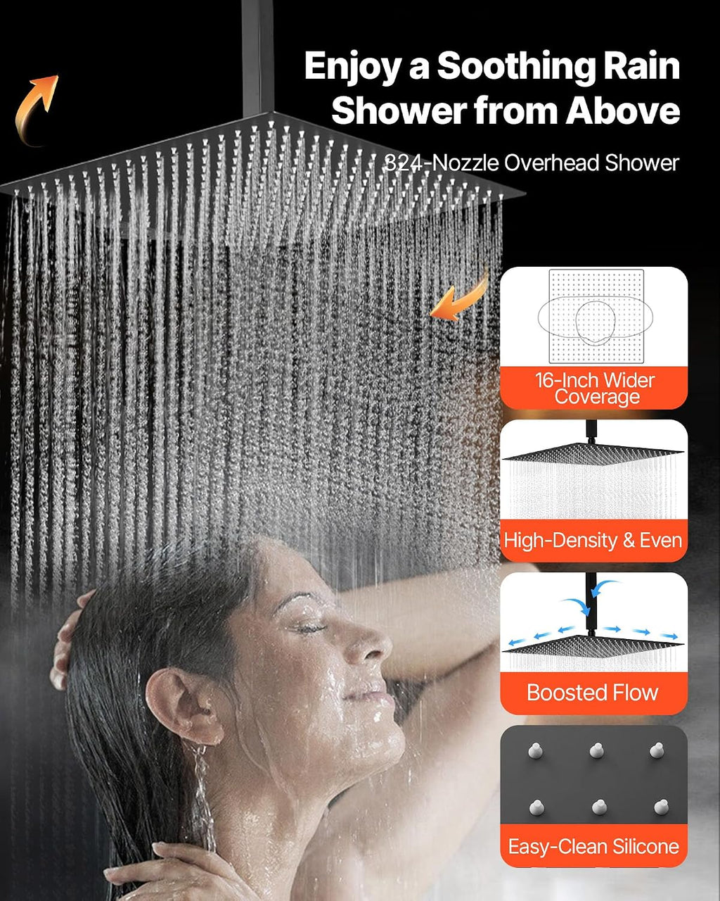 VEVOR Shower Faucet Set, 16 Inch Thermostatic Ceiling Mount Rainfall Shower System with 6 Body Jets and Handheld Spray, Rotatable 3-Function Rain Head Complete Brass Valve and Trim Kit, Matte Black