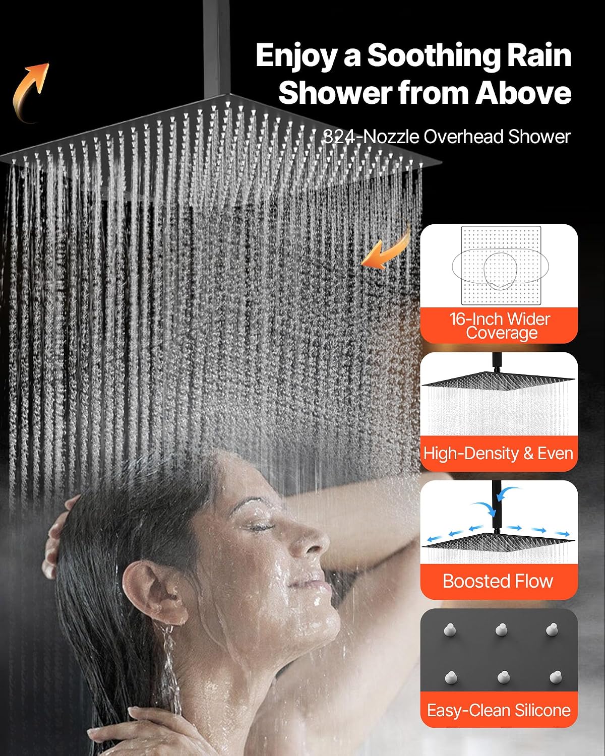 VEVOR Shower Faucet Set, 16 Inch Thermostatic Ceiling Mount Rainfall Shower System with 6 Body Jets and Handheld Spray, Rotatable 3-Function Rain Head Complete Brass Valve and Trim Kit, Matte Black