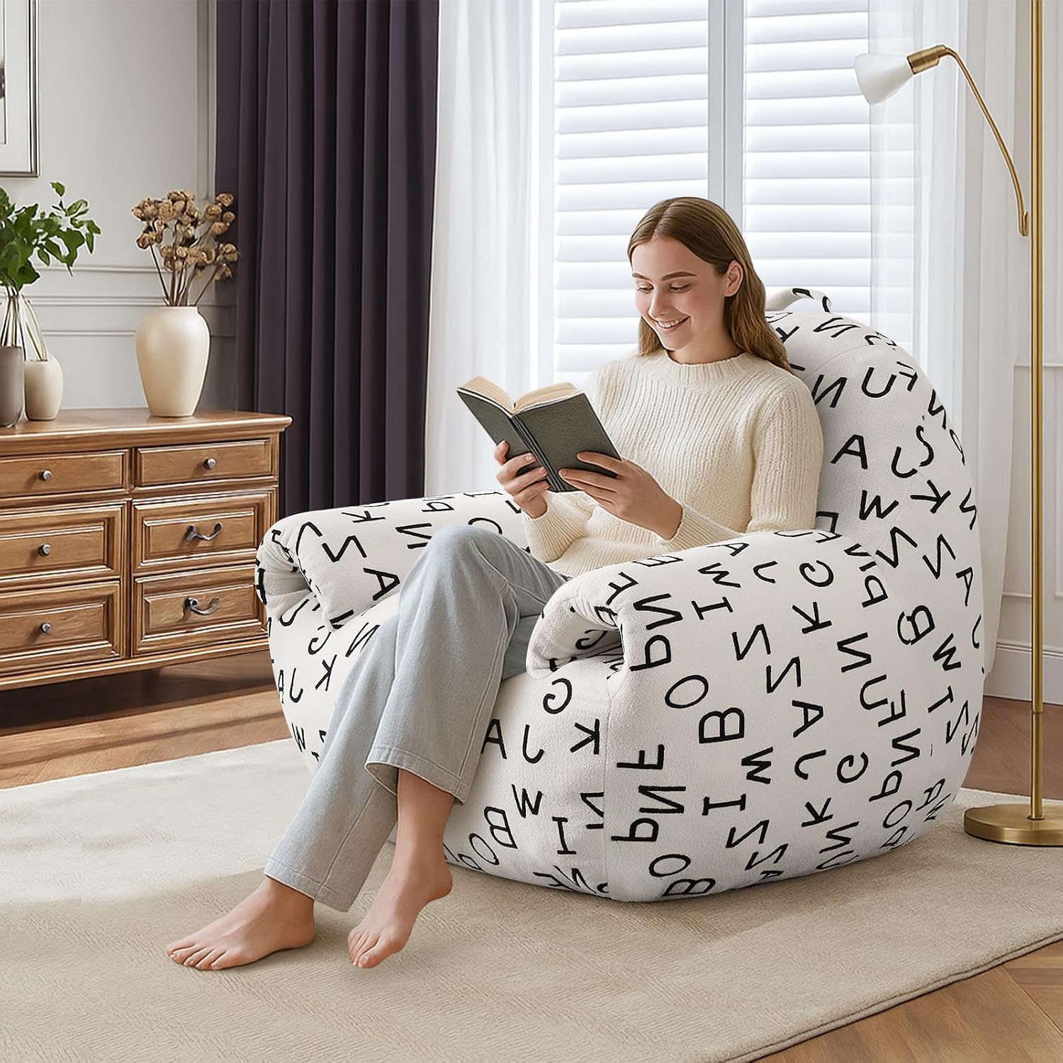 DAICO Bean Bag Chairs for Adults Comfy Bean Bag Sofa Chair with Armrests Plush Single Lazy Floor Sofas Accent Chair with Foam for Living Room Bedroom Reading Gaming Office (Letter White)