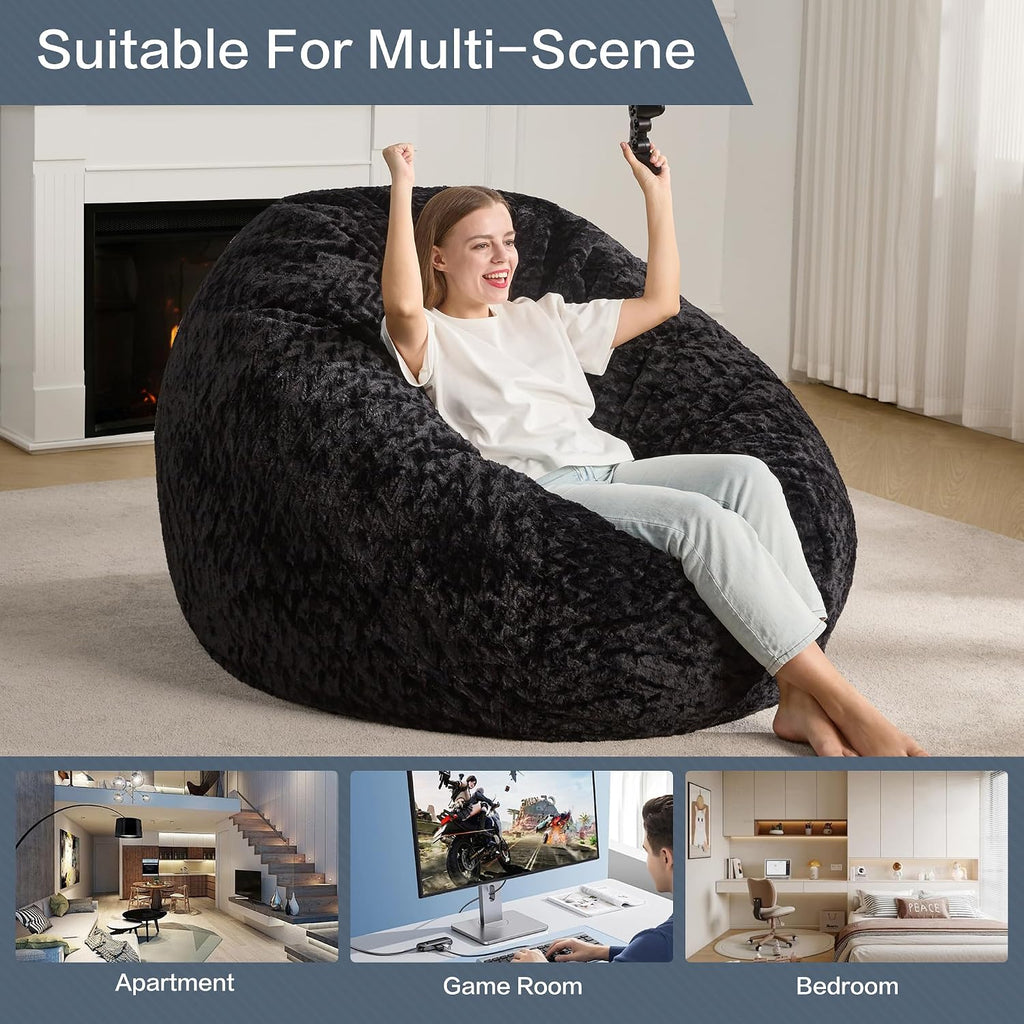 Hobestluk 5ft Bean Bag Chairs for Adults Large Beanbag Chair with Chevron Plush Fur Cover Big Bean Bag Chair for Living Room Bedroom Dorm Office - Black (50' x 50' x 24')