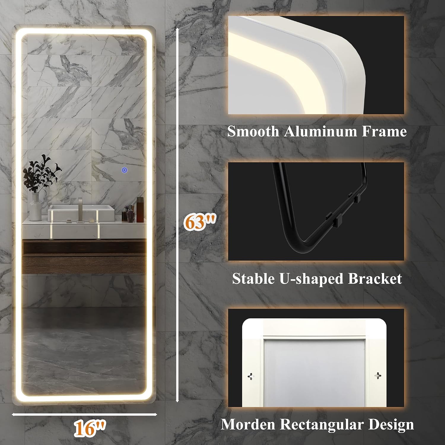 NeuType Full Length Mirror with Lights, 63'x16' Lighted Floor Mirror with Stand Full Body Mirror with Touch Button and Plug, Dimmable 3 Lighting for Bedroom Living Room, Round Corner, White