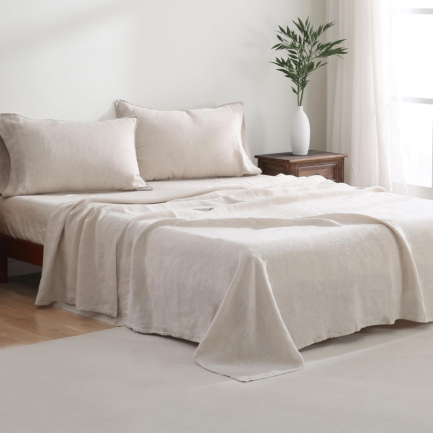 100% French Linen Sheets Set King Size-4Pcs Natural Washed Flax Bed Sheets Soft Breathable and Durable- 1 Flat Sheet 1 Fitted Sheet 2 Pillowcases (Natural Linen, King)