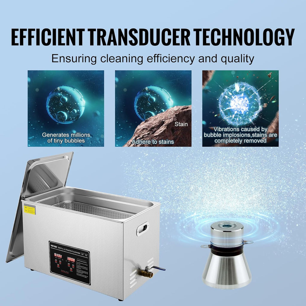 VEVOR Ultrasonic Cleaning with Digital Timer & Heater, Professional Ultra Sonic Jewelry Cleaner, Stainless Steel Heated Cleaning Machine for Glasses Watch Rings Small Parts Circuit Board (30L)