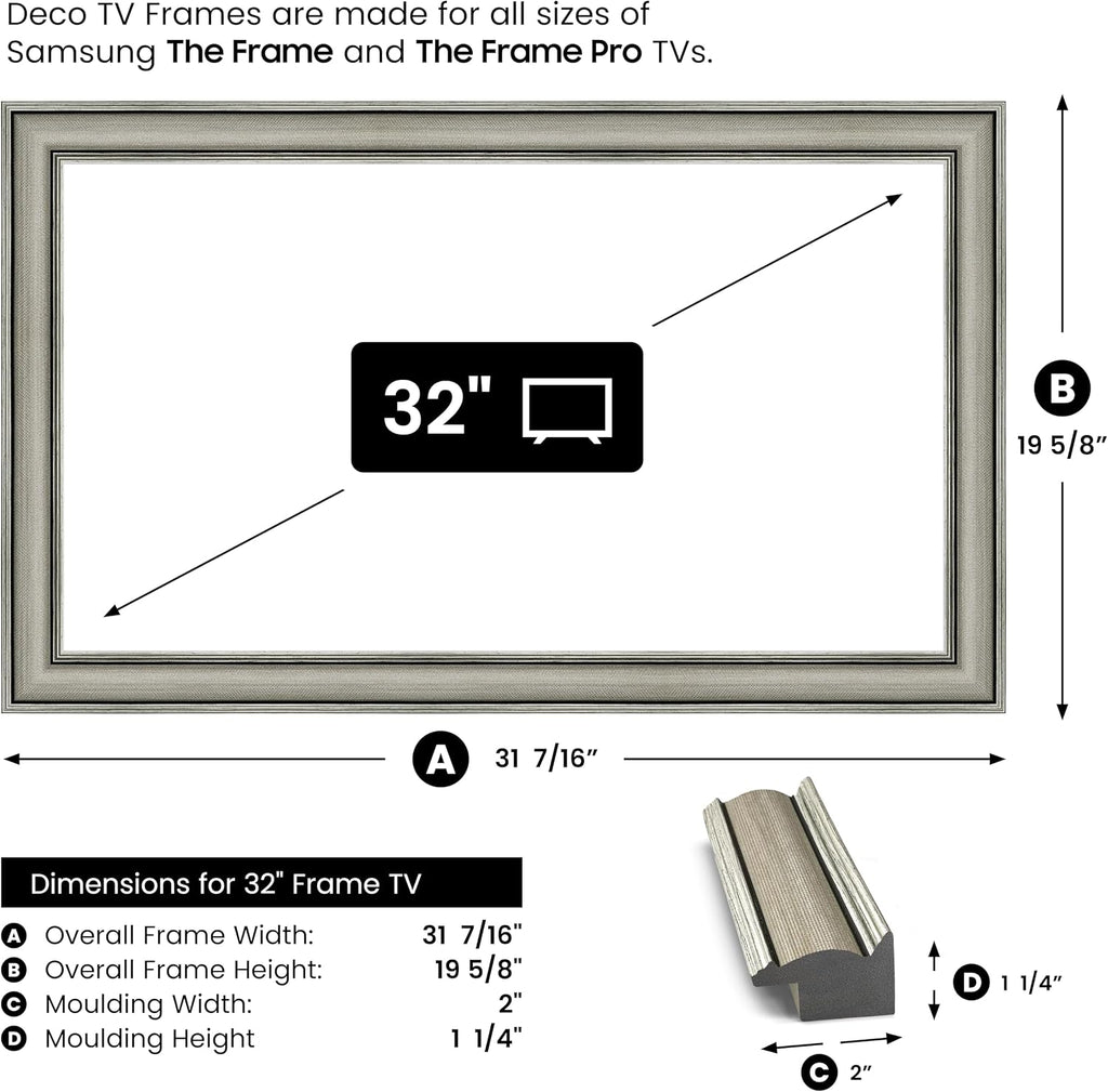 Industrial Nickel 32' Slim Deco TV Frame - Compatible ONLY with Samsung The Frame TVs (Fits 2021-2026, LS03A, LS03B, LS03C, LS03D, LS03FA)