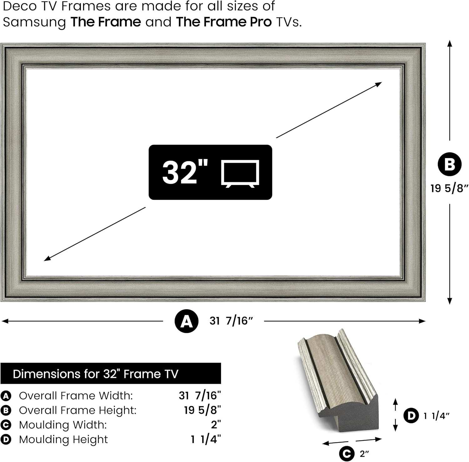 Industrial Nickel 32' Slim Deco TV Frame - Compatible ONLY with Samsung The Frame TVs (Fits 2021-2026, LS03A, LS03B, LS03C, LS03D, LS03FA)