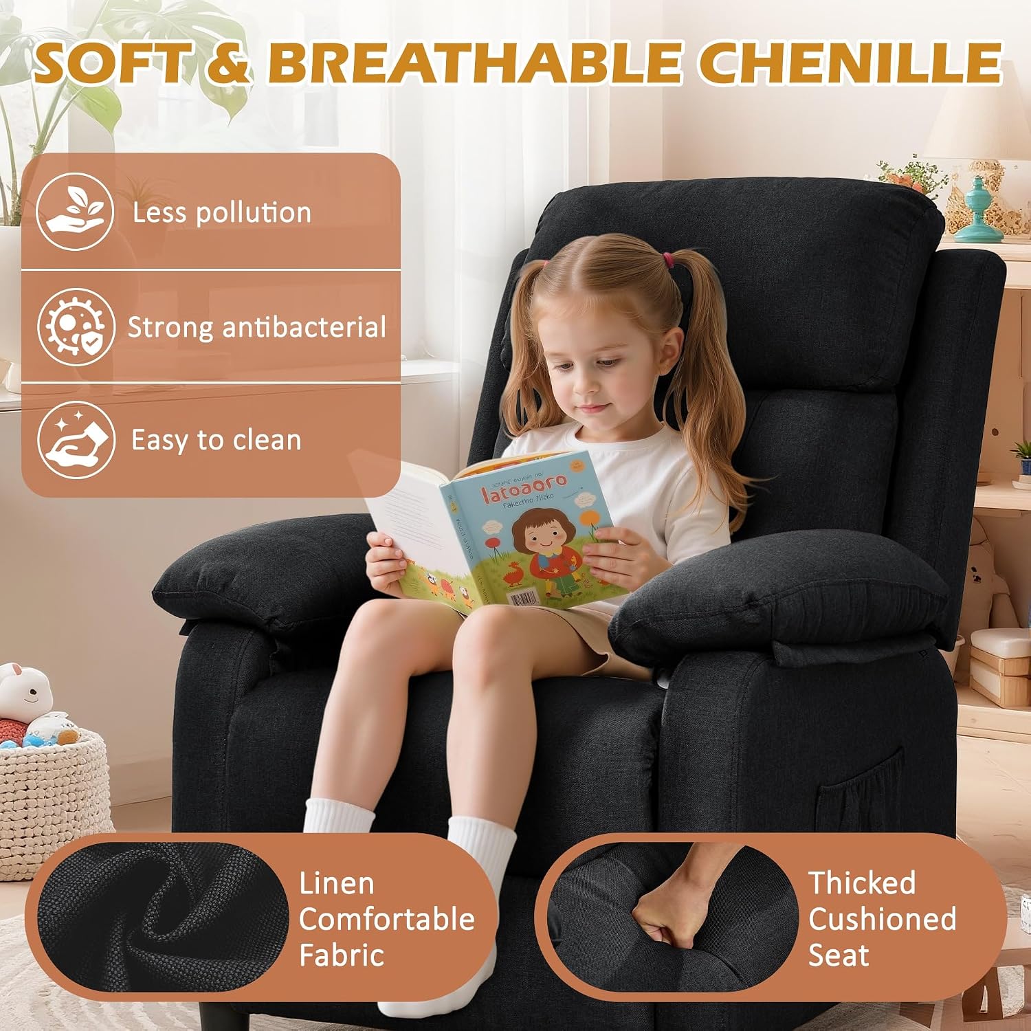 Korser Recliner Chair, Living Room Chairs for Adults, Padded Deep Seat Reading Chair with Side Pockets, Small Recliners for Small Spaces, Lounge Chair for Living Room, Bedroom, and RV (Linen)