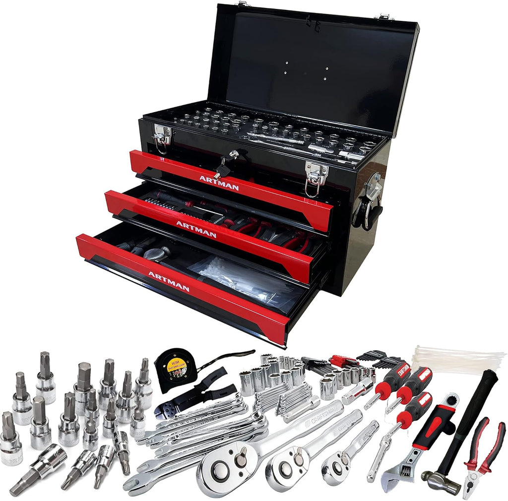 Runboll Mechanics Tool Set 339-Piece 3-Drawer Toolbox with Tools Kits Included, with pliers, ball hammer, screwdrivers, wrenches, Hex Keys, and More
