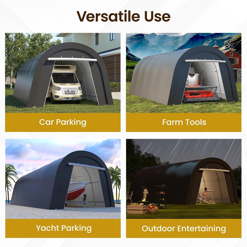 Heavy Duty Carport 12X25FT, Portable Garage with 2 Roll Up Doors Vents and Metal Round Roof, Outdoor Storage shed Car Port Canopy Tent for Garden Tools, Vehicle Truck Boat, Party, Dark Gray