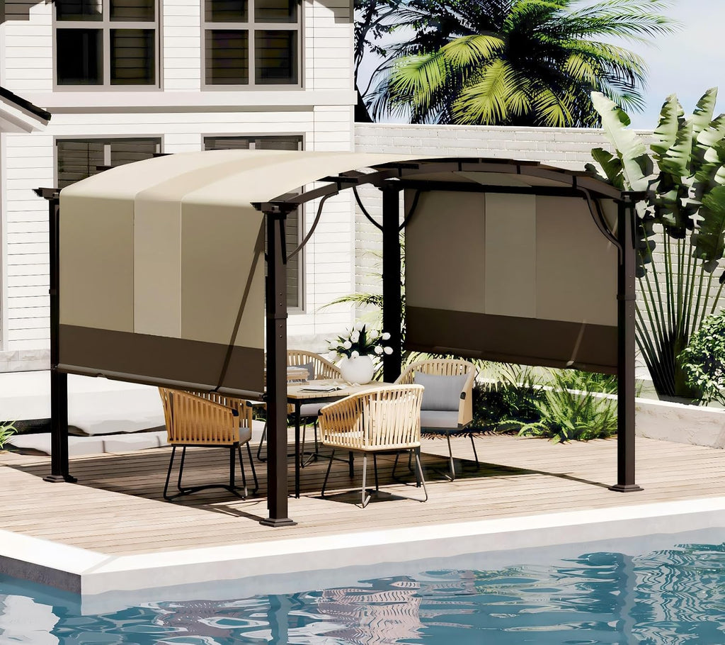 HAPPATIO 10' x10' Outdoor Retractable Pergola, Aluminum Pergola with Canopy Fixed in Various Positions, Arched Roof with Sun Shade Canopy, Metal Frame for Backyards, Gardens, Patios (Brown)