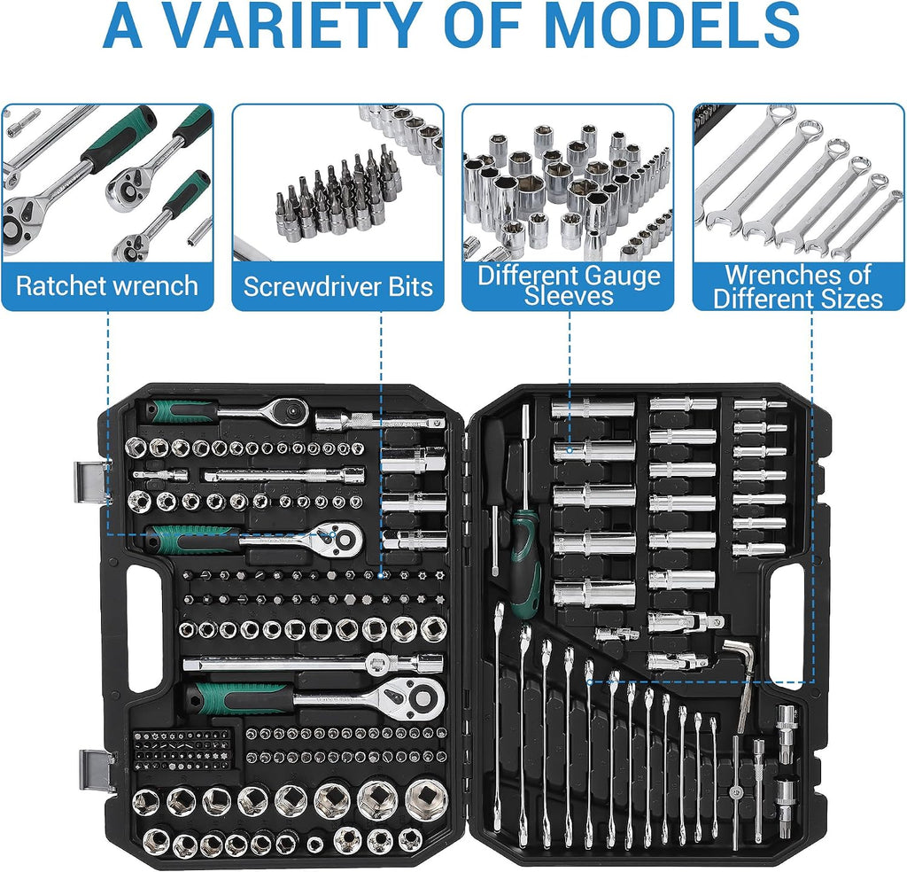 216-Piece Mechanics Tool, Juego De Herramientas, Set Socket Wrench Kit, with 72-Tooth Ratchet, Metric Sockets & Extensions, Automotive Repair Tool Kit for Car Home Garage Maintenance