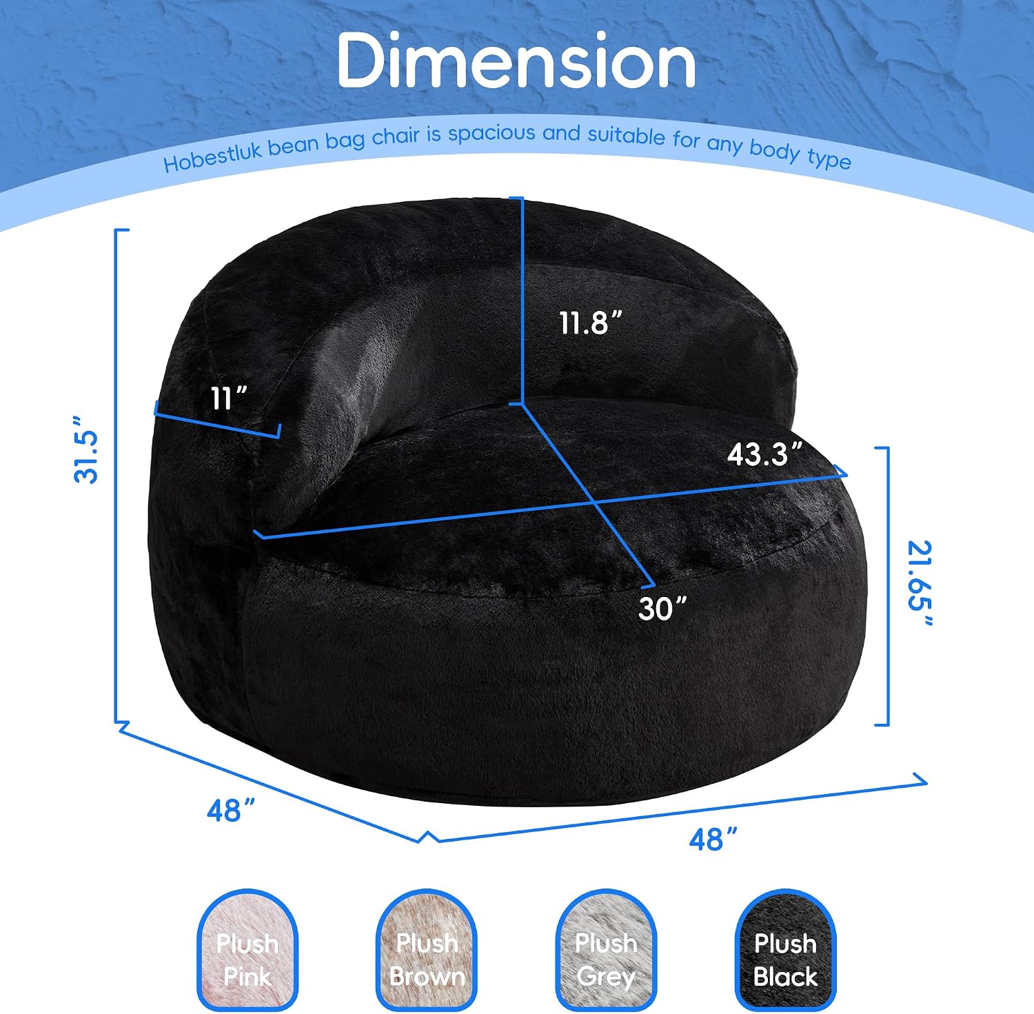 Hobestluk Bean Bag Chair Giant Bean Bag Chairs for Adults Big Bean Bag Chair with Memory Foam Filler Adults Large Beanbag with Faux Fur Cover for Bedroom(Plush Black,Oversize)