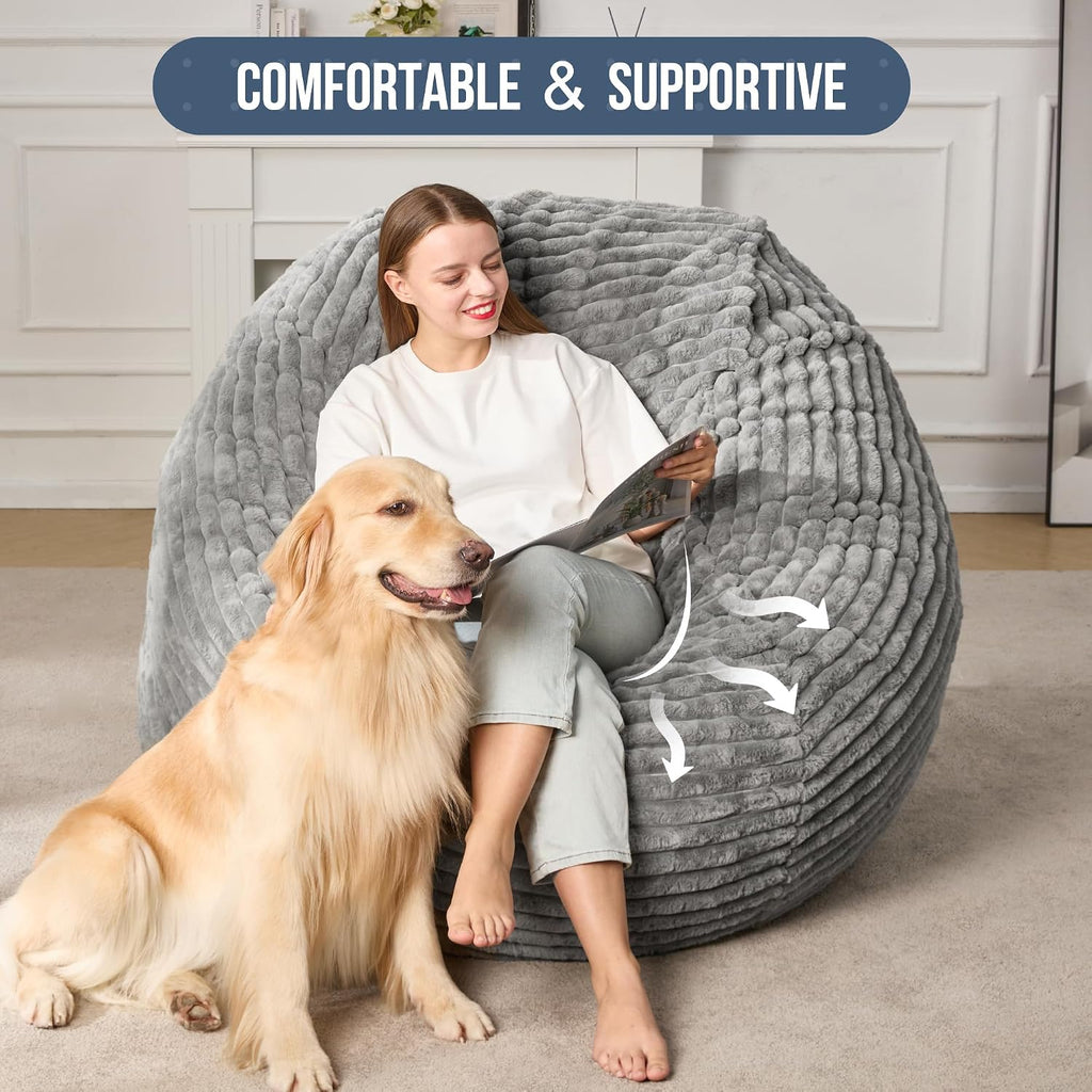 Hobestluk 5ft Bean Bag Chairs for Adults Large Beanbag Chair with Stripe Plush Cover Big Bean Bag Chair for Living Room Bedroom Dorm Office -Grey (50' x 50' x 24')