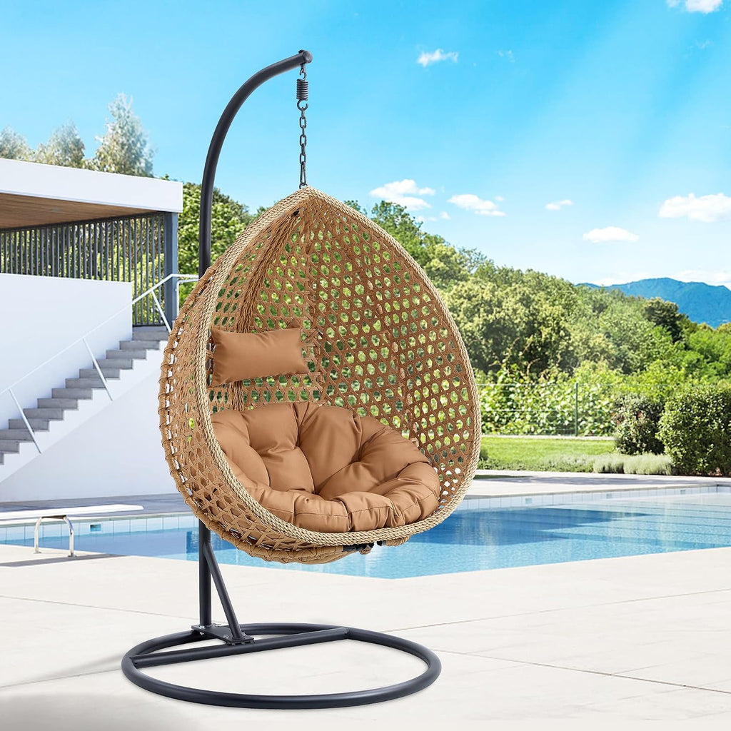 Egg Swing Chair with Stand,Swing Egg Chair with Stand, Rattan Hanging Egg with Soft Cushion, Outdoor Hanging with Foldable Basket & Metal Stand for Bedroom Patio (Light Brown)