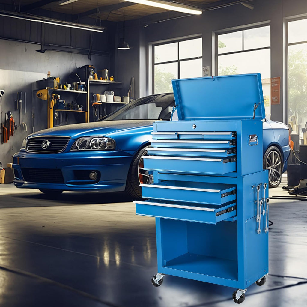 Tool Chest, 8-Drawer Rolling Tool Storage Cabinet with 2 in 1 Detachable Top Tool Box, Liner, Lockable Wheels, Side Hooks, Metal Tool Cart for Garage (8-Drawer Blue)