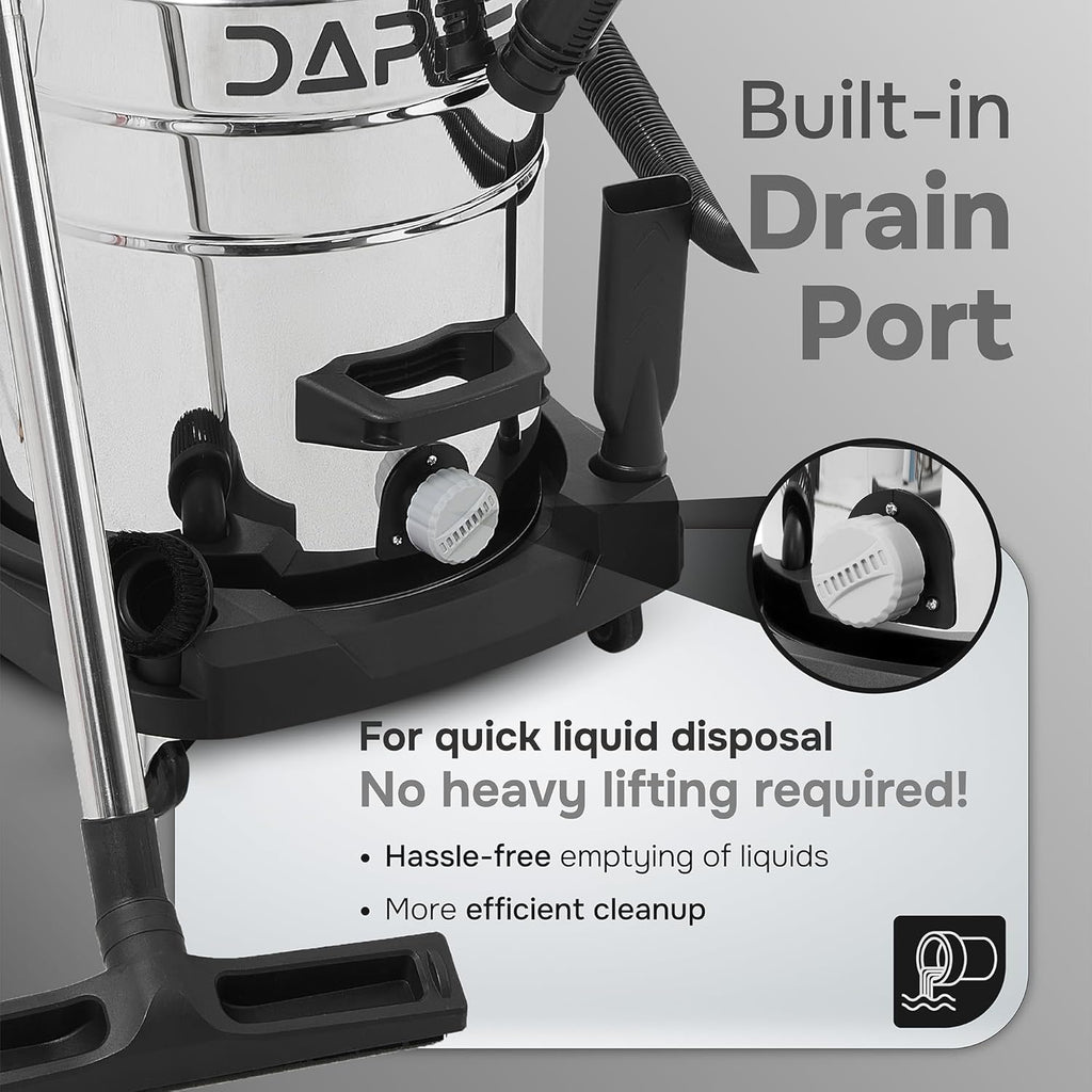 Dapper Supply 26.5 Gallon 11 Peak HP Wet/Dry Vacuum, Stainless Steel Tank, 2 in 1 Function Portable Shop Vacuum with Attachments, Built-in Drain Ideal for Jobsite, Garage & Workshop.