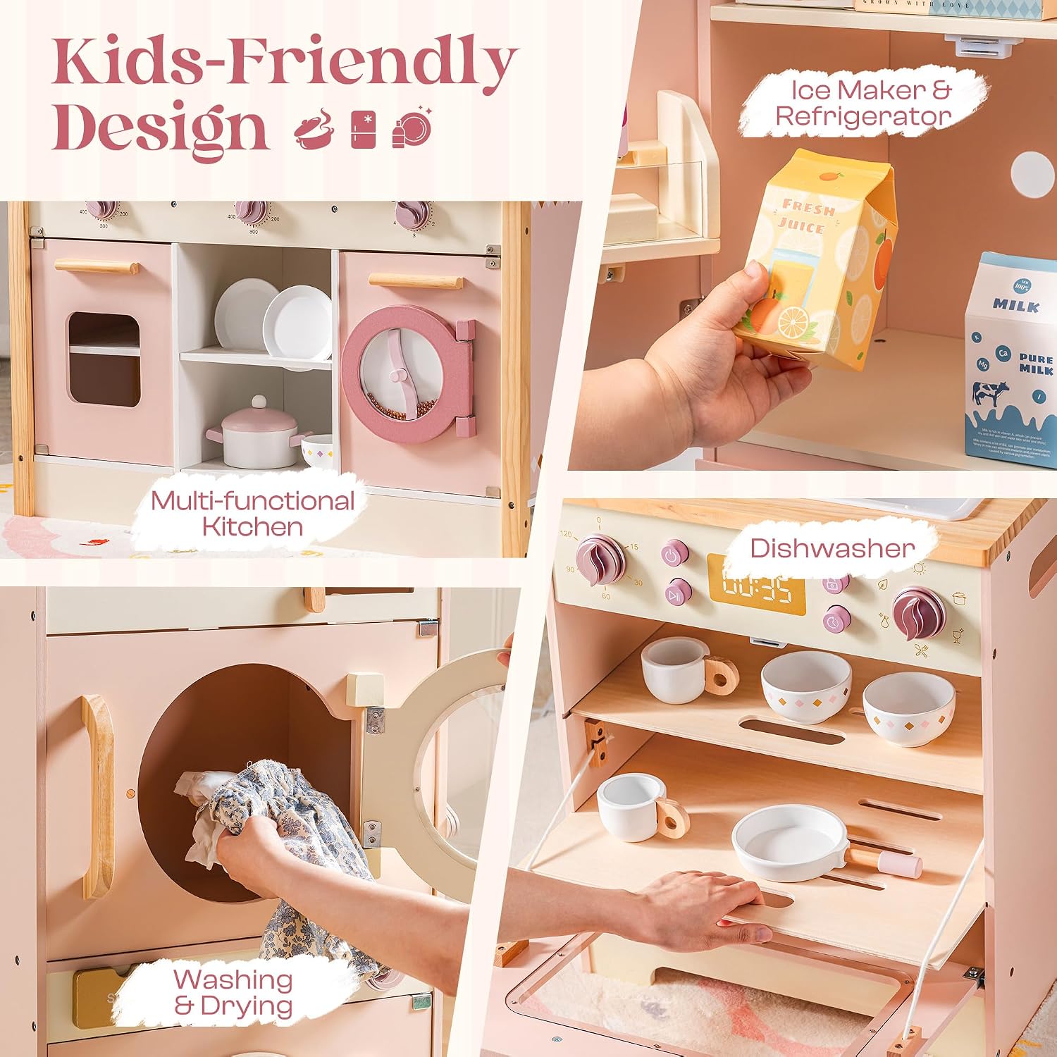 ROBOTIME Wooden Kids Play Kitchen – 4-in-1 Toddler Play Kitchen Set with Fridge, Washer & Dishwasher – Wooden Corner Cooking Playset for Boys & Girls Ages 3+