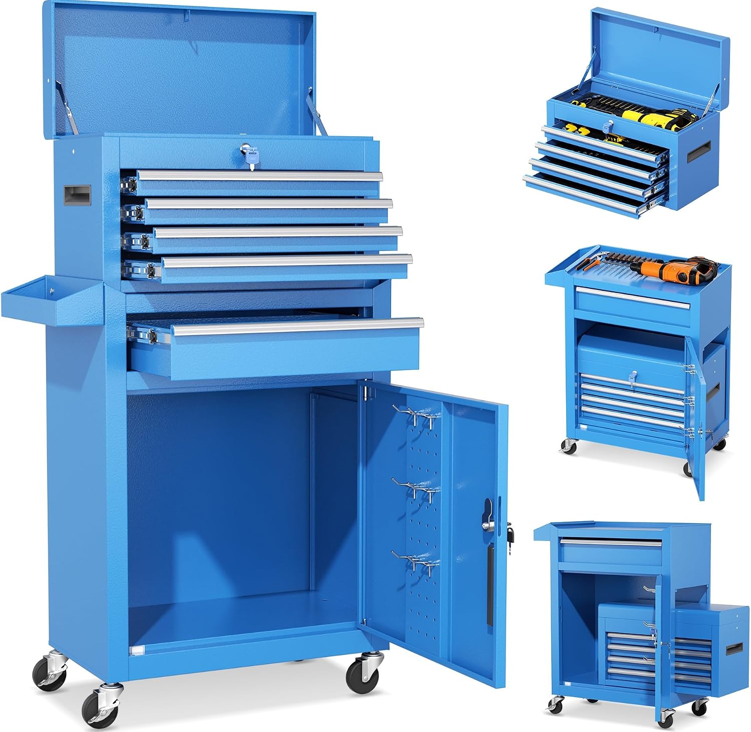 INTERGREAT Rolling Tool Chest, 5-Drawer Tool Box Organizer, Lockable Wheels & Sliding Drawers & Detachable Top, Tool Storage Cabinet for Garage Workshop (Blue)