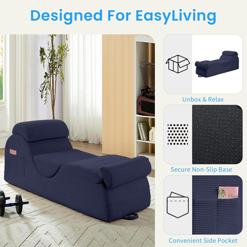 ijuicy 25' Wide Ergonomic Yoga Chair, Stretch Yoga Chaise Lounger with Adjustable Headrest, Waist Cushion, Movable Footrest, Side Pockets, Modern Reading Chair -Blue