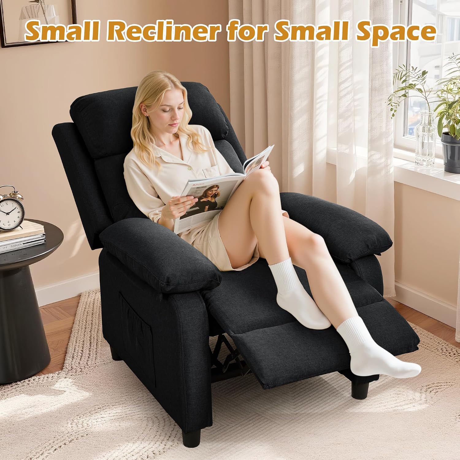 Korser Recliner Chair, Living Room Chairs for Adults, Padded Deep Seat Reading Chair with Side Pockets, Small Recliners for Small Spaces, Lounge Chair for Living Room, Bedroom, and RV (Linen)