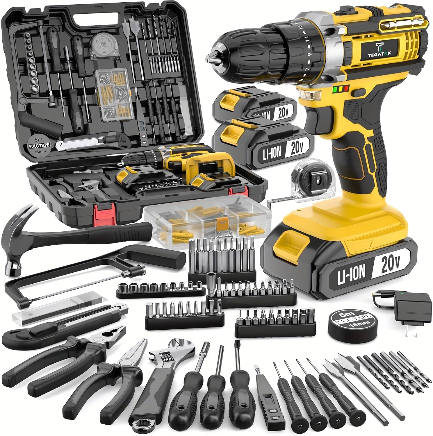 20V Lithium-Ion Rechargeable Drill Driver Electric Tool BOX For Home And DIY Projects,20V 2.0Ah Impact Set,3/8 Torque Setting Cordless Drill Set Combo Kit, Adjustable Speed, LED Light.