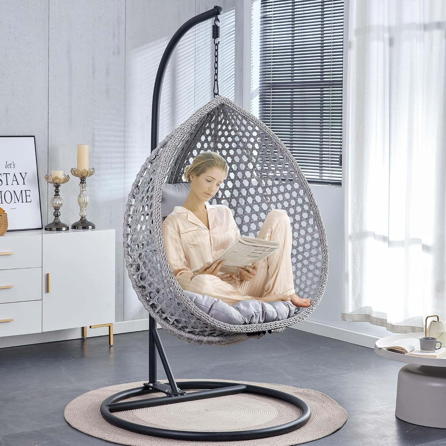 Egg Swing Chair with Stand,Grey Hanging Egg Chair with Stand, Rattan Swing Egg with Soft Cushion, Outdoor Hanging with Foldable Basket & Metal Stand for Bedroom Patio (Gray)