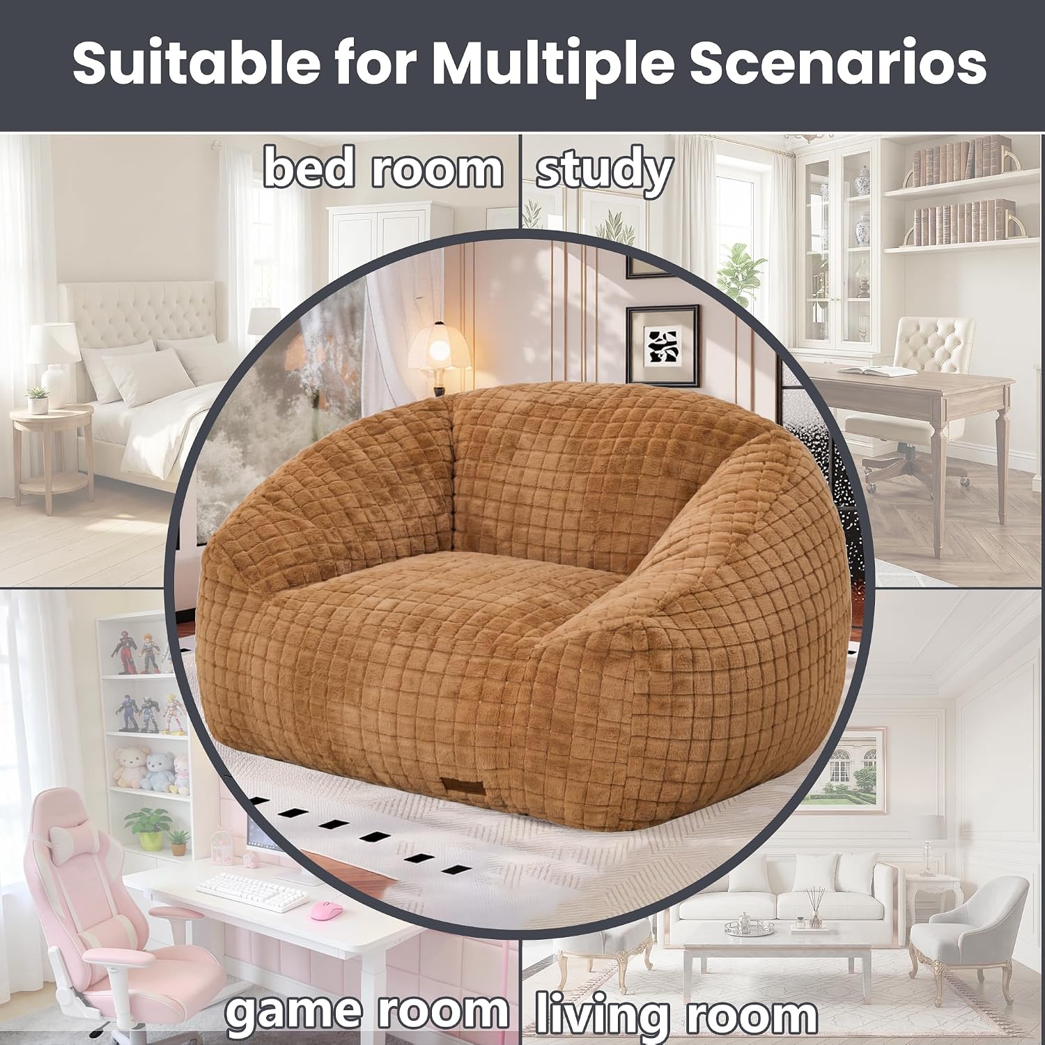 Bean Bag Chairs for Adults, Giant Beanbag Sofa Comfy Reading Chair, Oversized Bean Bag Chairs for Living Room Bedroom, Soft Faux Fur Fabric, 3.2FT, Khaki, Checkered
