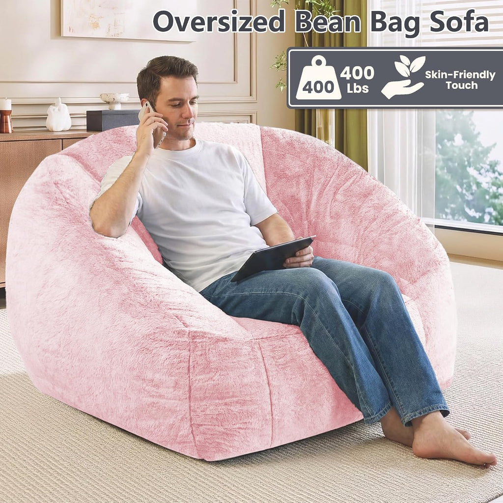 Bean Bag Chairs for Adults, Giant Beanbag Sofa Comfy Reading Chair, Oversized Bean Bag Chairs for Living Room Bedroom, Soft Faux Fur Fabric, 3.2FT, Pink, Plush