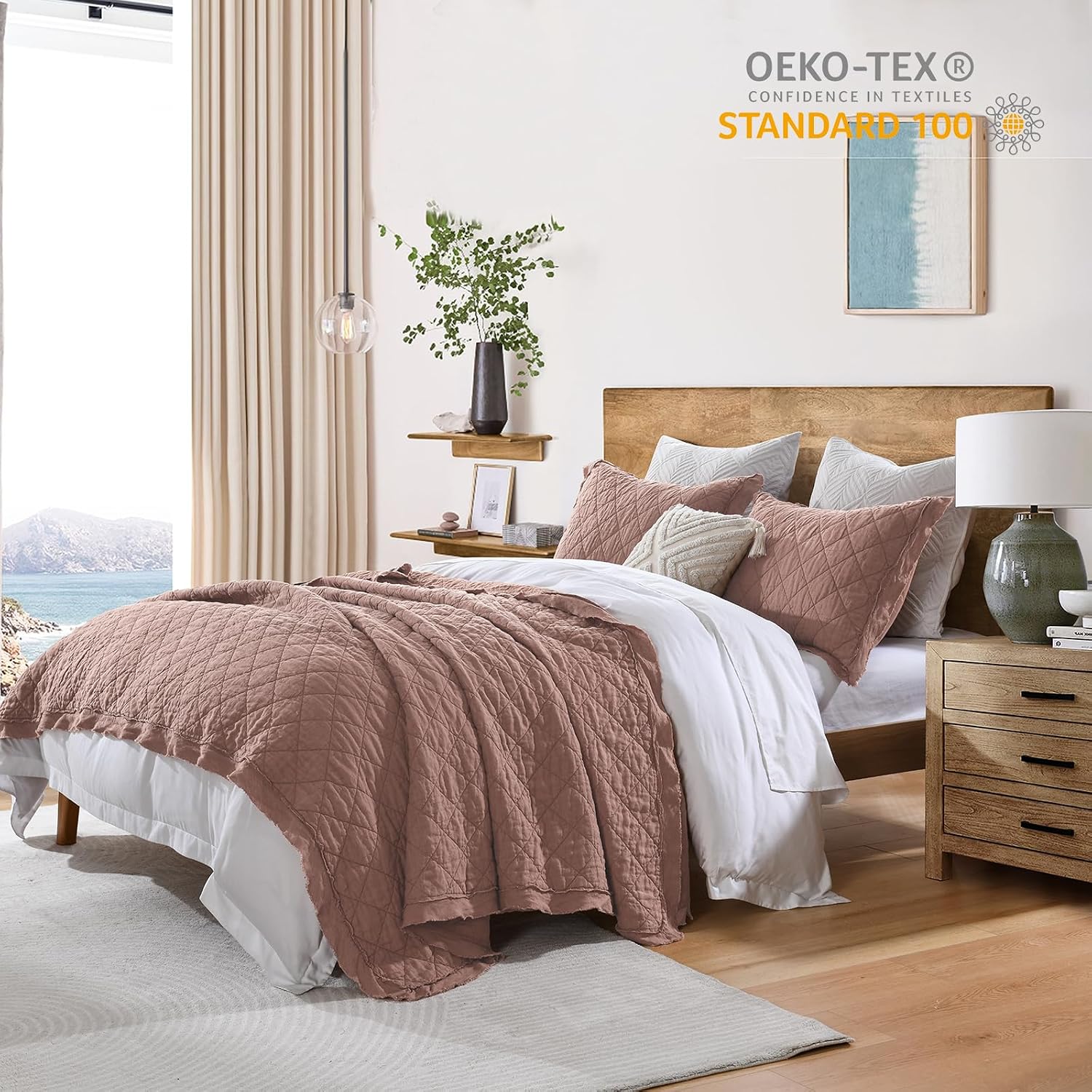 HORIMOTE HOME 100% Linen Front/100% Cotton Back Quilt Set King Size, Cameo Rose Pre-Washed European Flax Linen Quilt, Diamond Stitch Bedspread Coverlet Bedding Set 3-Piece for All Seasons