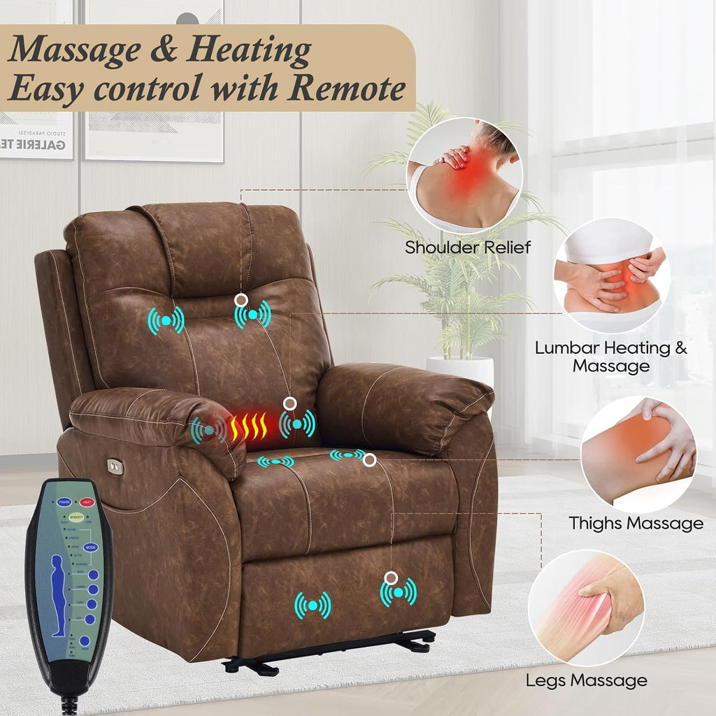 Power Recliner Chair with Extended Footrest, Electric Recliner Chair with Massage and Heat, Power Recliner Chairs for Adult with USB Ports, Side Pockets for Living Room (Dark Brown, PU)