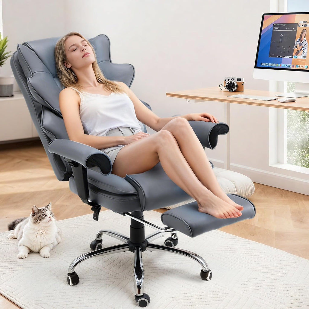 HOMREST Grey Ergonomic Office Chair with 6-Point Vibration Massage & Heat – Reclining Executive Chair with Adjustable Footrest and Armrests, PU Leather Big and Tall Home Office Desk Chair