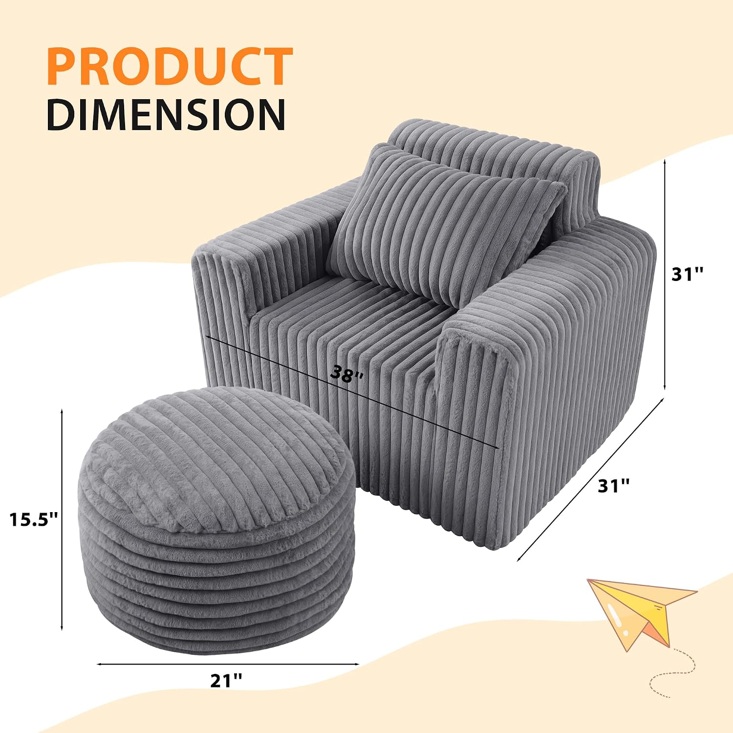 HABUTWAY Bean Bag Chair for Adults with Pillow, Giant Bean Bag Chairs with Ottoman, Comfy Dorm Chair with High Backrest & Wider Armrest, Lounger Chair Indoor for Bedroom Living Room(Grey)