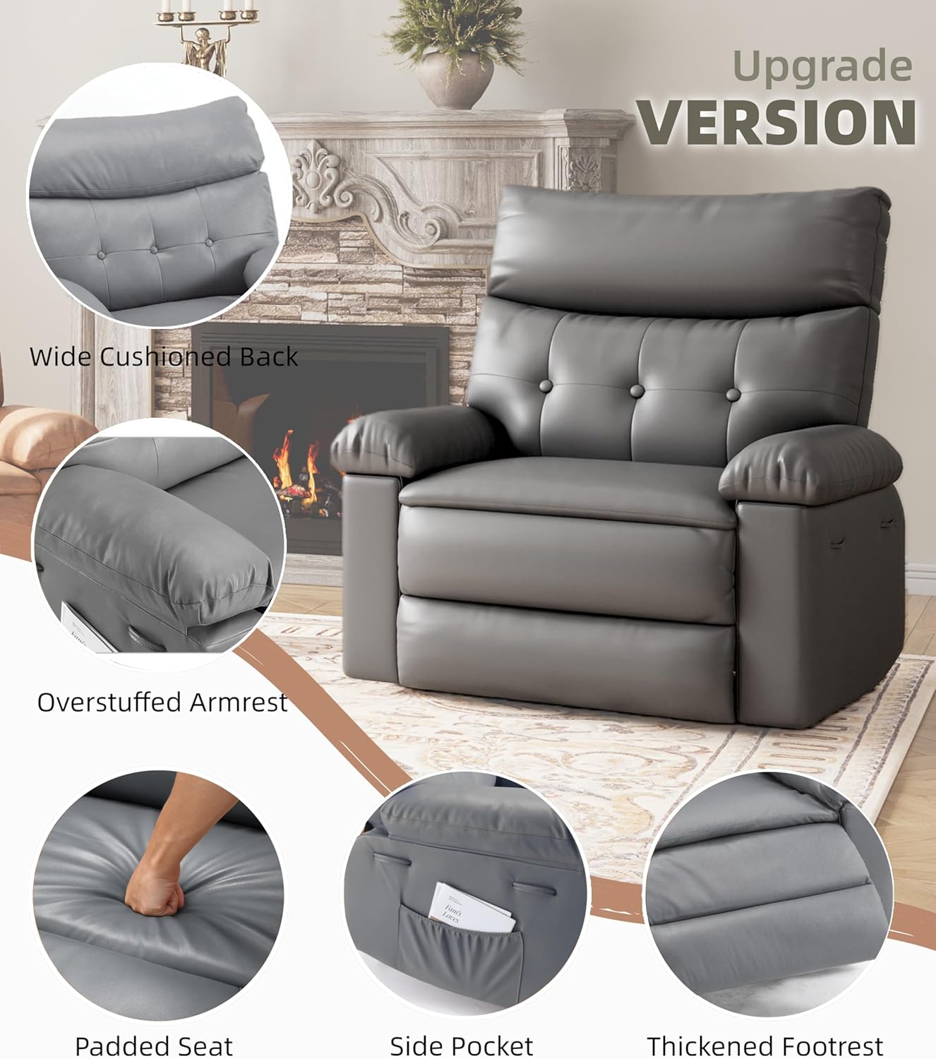 Garvee Oversized Wide Recliner Chair - Heat and Massage, PU Leather Extra Wide Manual Recliner for Adults, Large Lazy Chair with 1.5X Sponge Comfort Arm and Back for Living Room, Bedroom