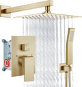 Aolemi Shower Faucet Set Rain Shower System with Handheld Spray Bathroom Shower Combo Rough-in Valve and Shower Trim Kit Included Brushed Gold 10 Inch Wall Mount Shower Head