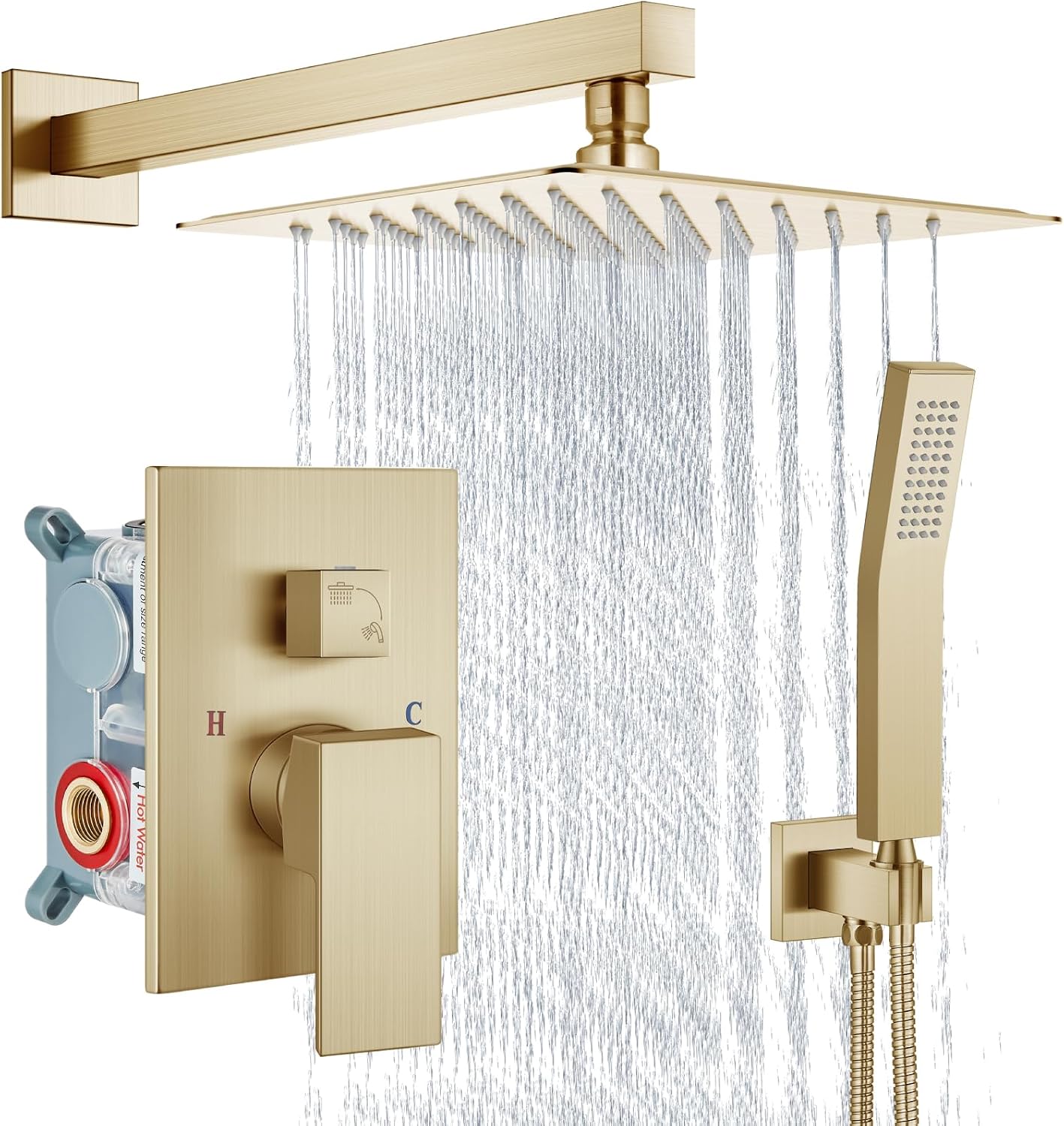 Aolemi Shower Faucet Set Rain Shower System with Handheld Spray Bathroom Shower Combo Rough-in Valve and Shower Trim Kit Included Brushed Gold 10 Inch Wall Mount Shower Head