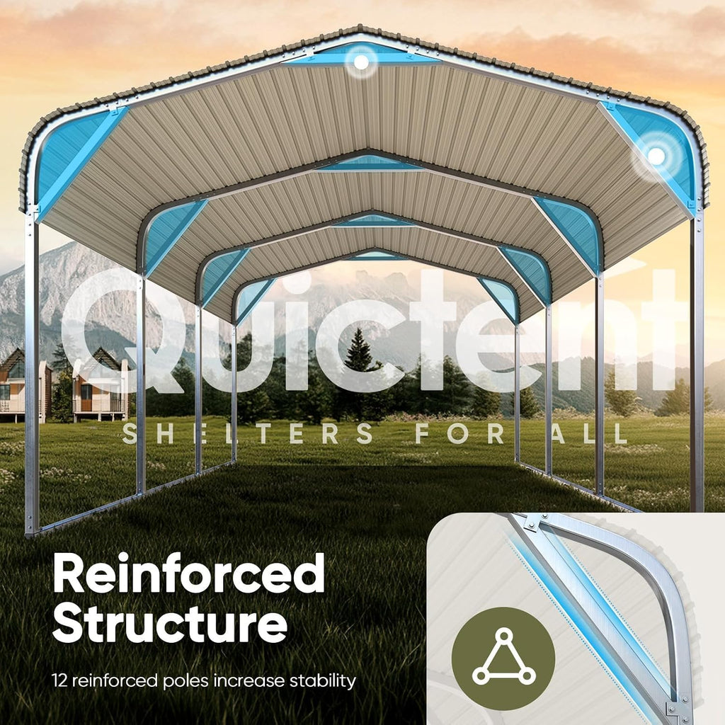 Quictent 10x15 ft Metal Roof Carport Kits Hard Top Garage Heavy Duty Steel Car Canopy with Reinforced Triangle Structure, White