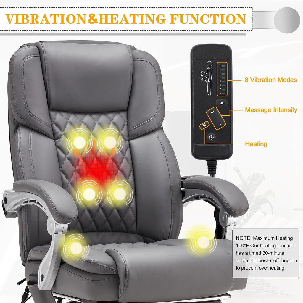 HOMREST 6-Point Massage Office Chair with Heat, Executive Office Chair with Footrest, Leather Computer Desk Chair with 135°Reclining Backrest for Home Office, Grey